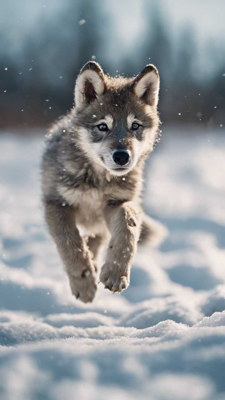 A cuddly wolf pup making tiny jumps in a winter snow field. Wallpaper [a7b9f875a6134590a449]