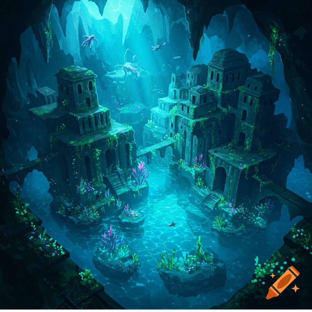 An Underwater World With Fishes and a Temple Which Is the Eyecatcher of the Image Also in a Comic Style Minecraft Style created on Craiyon