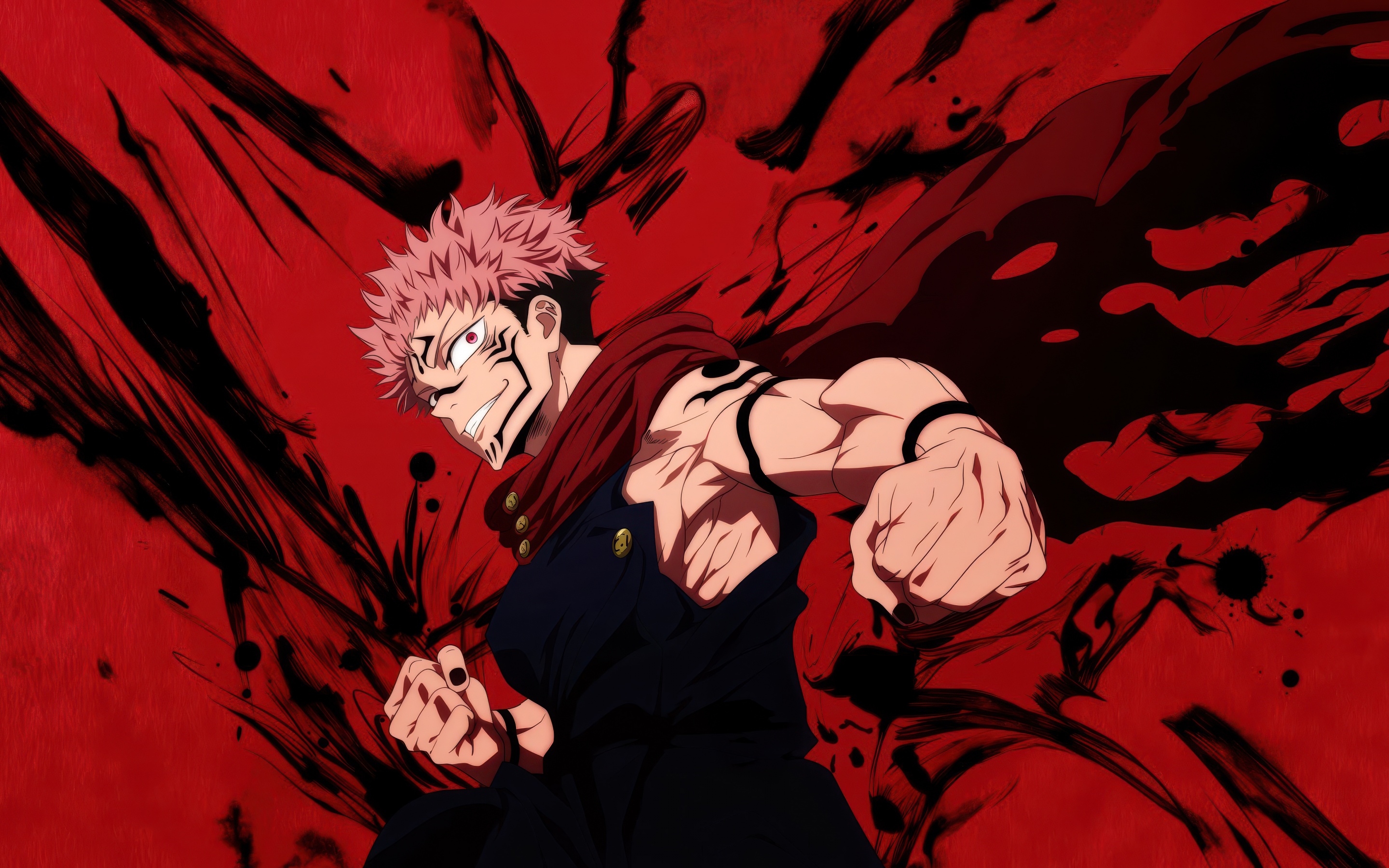 Sukuna Wallpaper 4K, Red background, Jujutsu Kaisen