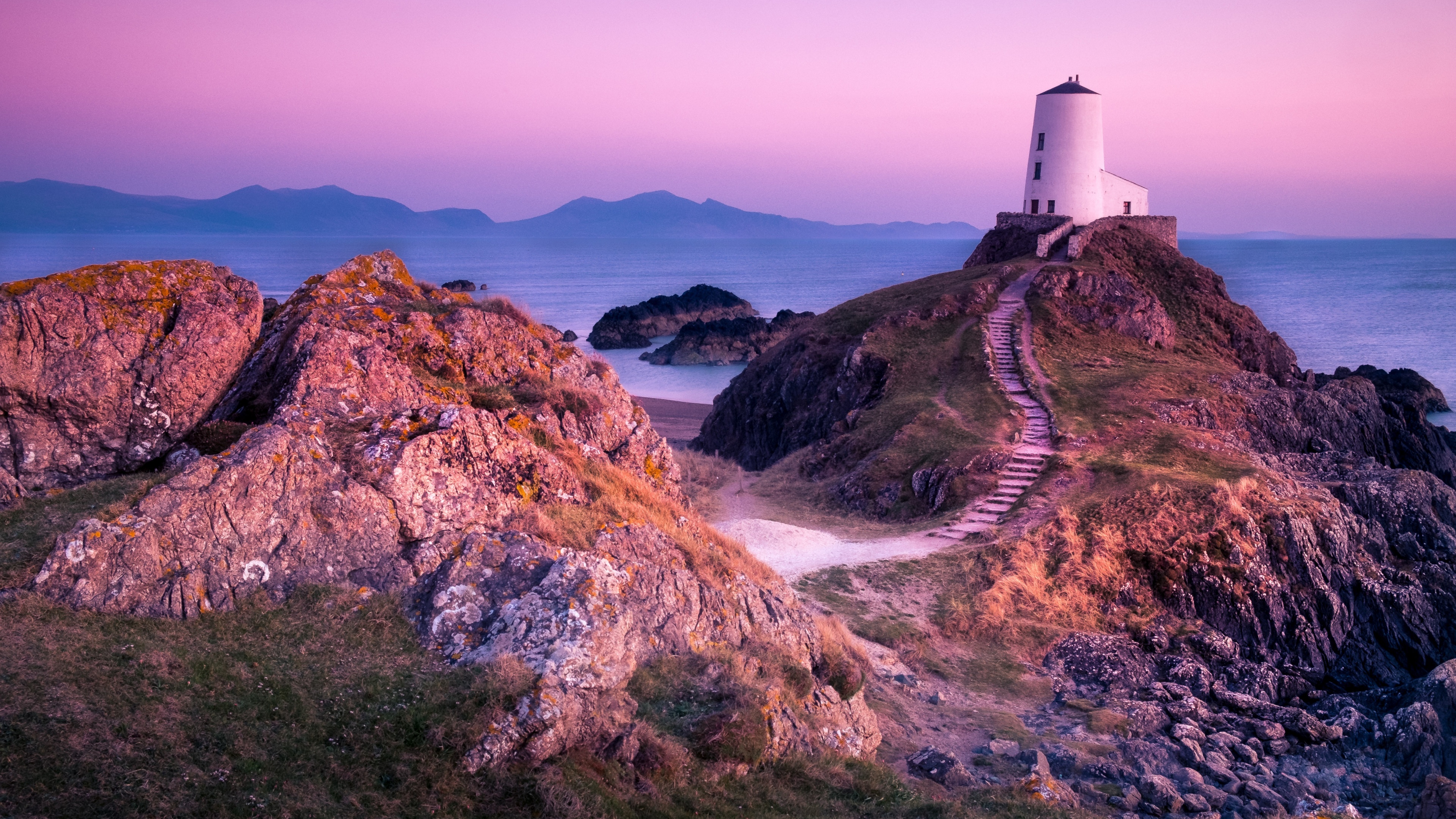 Twr Mawr Lighthouse Wallpaper 4K, Wales, United Kingdom, Sunset