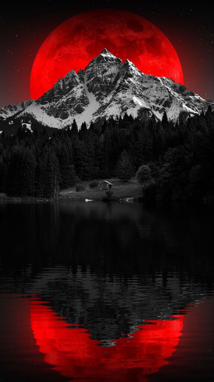 free wallpaper 4K red, moon, snow, mountain, lake, river, water, trees, forest, pine for mobile and desktop