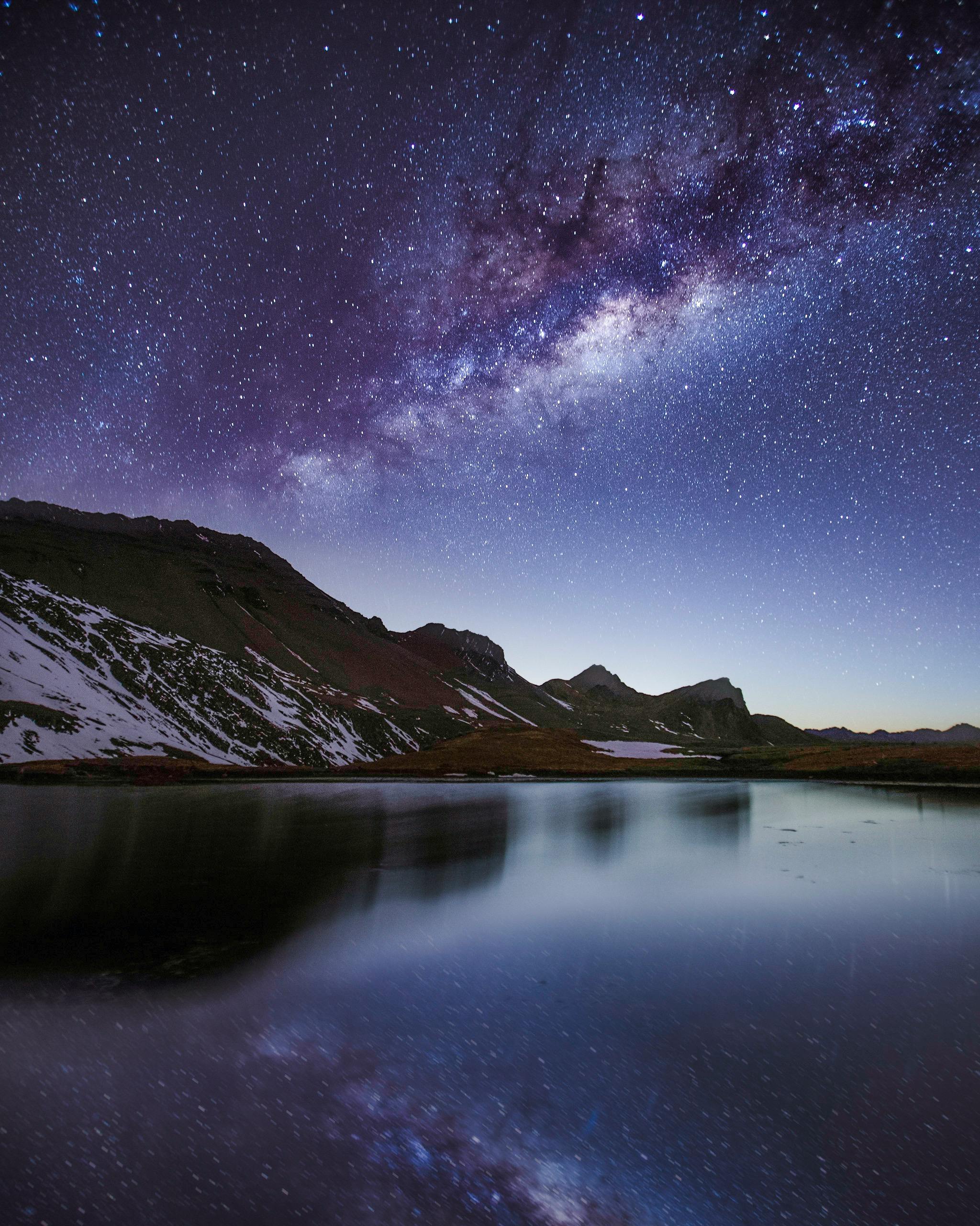 Lake Near A Mountain With Snow Under Night Sky · Free