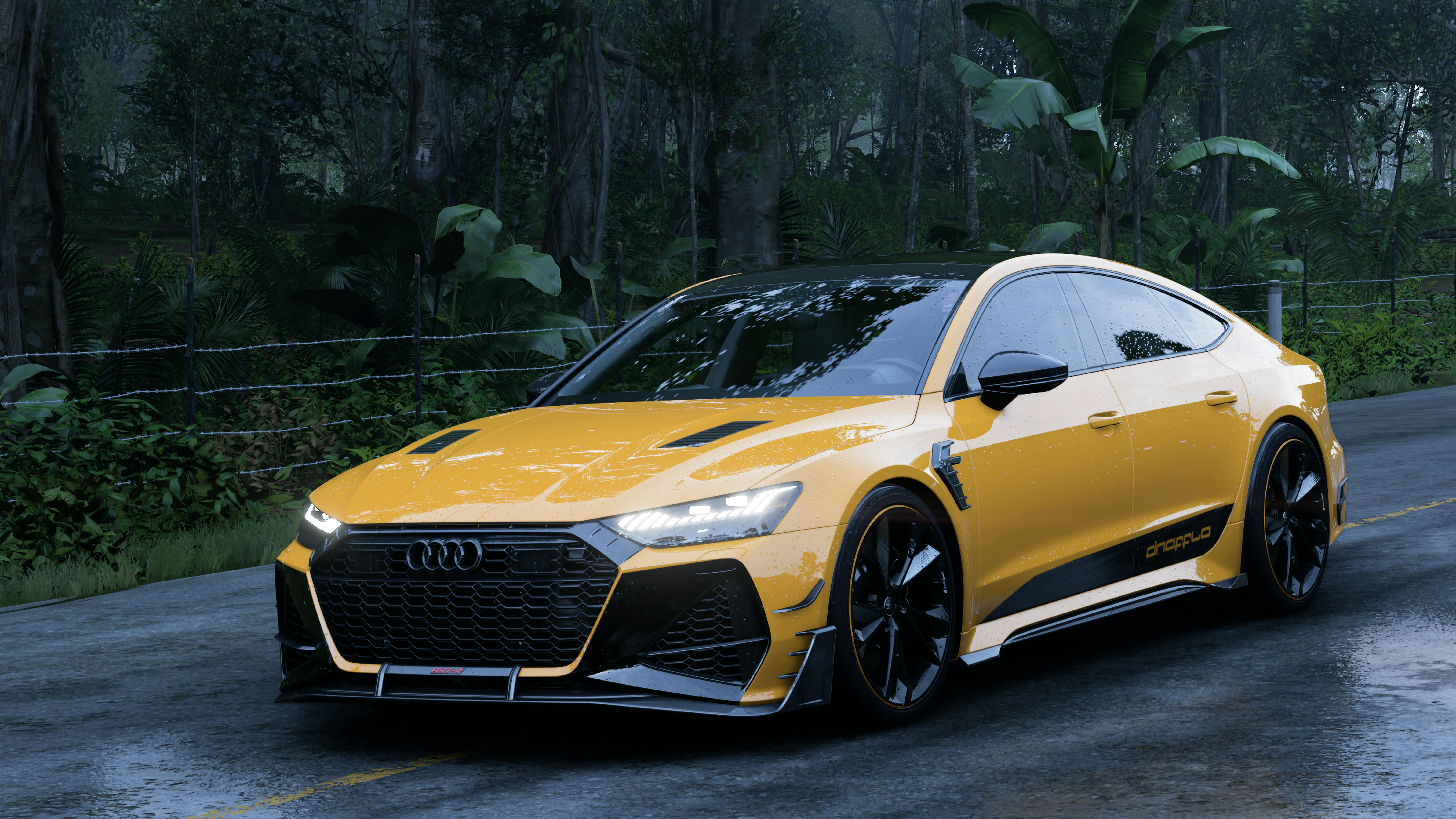A Yellow Audi RS7 on a Wet Street · Free