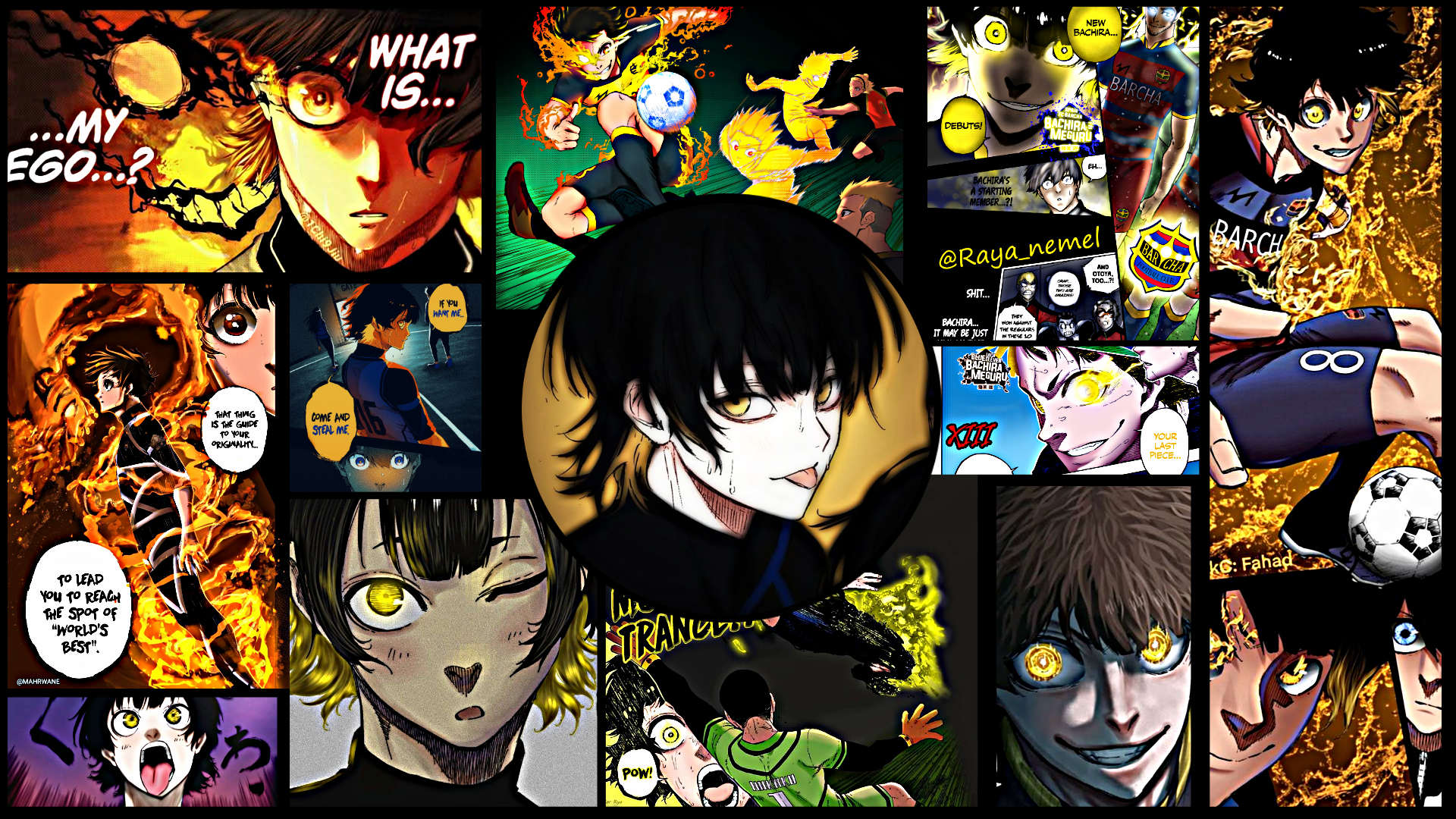 Mashed Together some Colored Panels and Picture to make Wallpaper ( Kaiser, Rin, and Bachira)