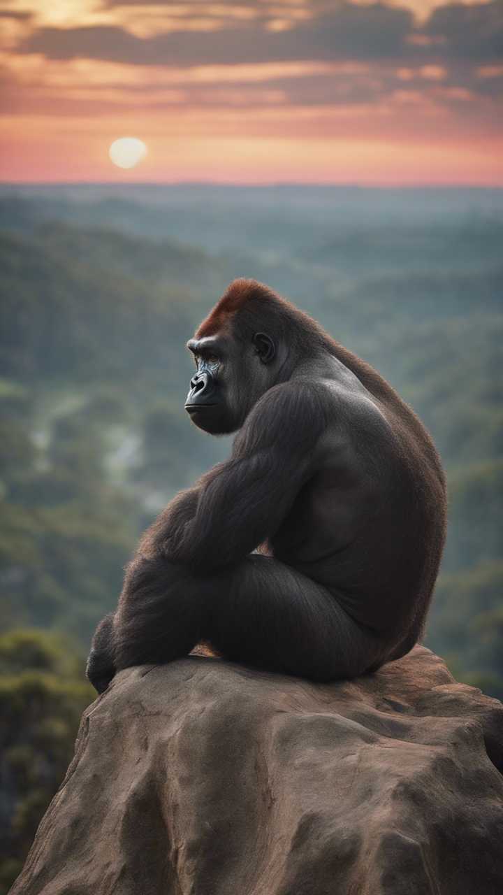 A lone gorilla watching a sunset from the top of a towering cliff, wrapped in thought. Wallpaper [fc3e26adb43b48e1a528]