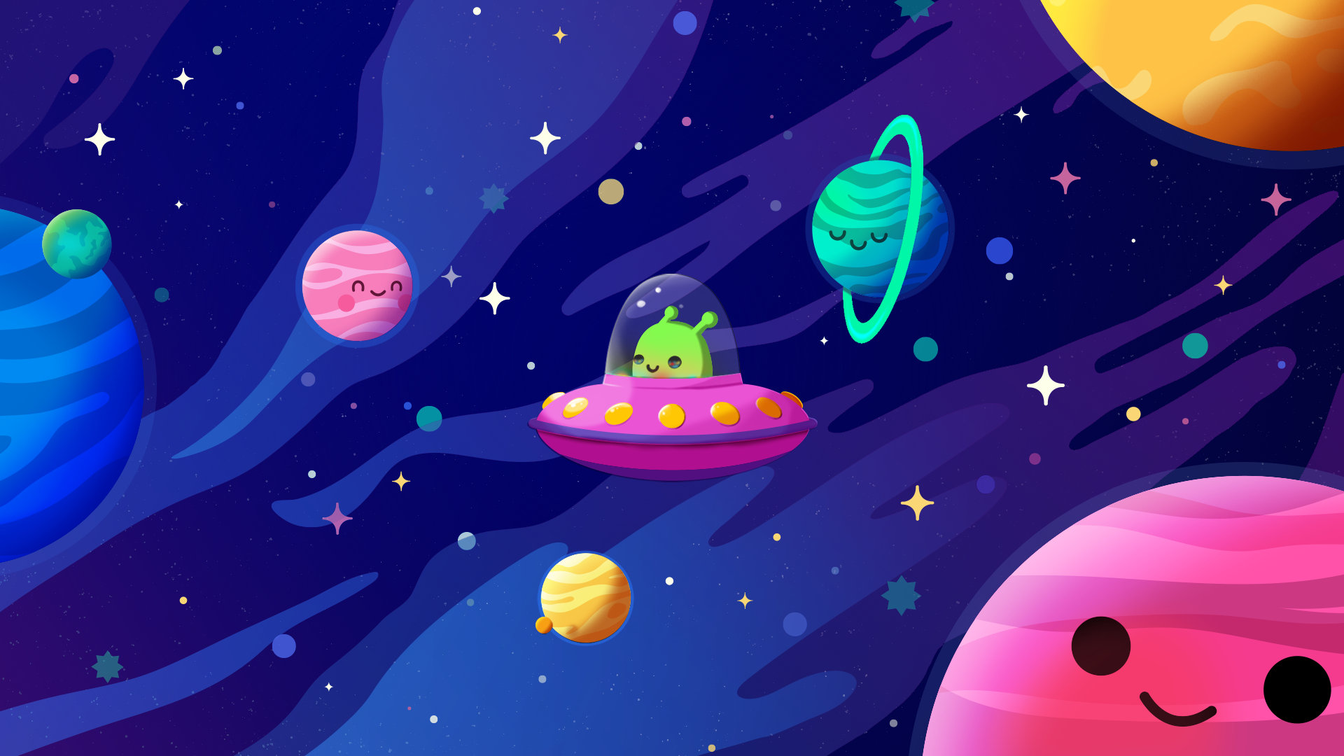 Planet Computer Wallpaper Background, UFO Alien Space Theme For Laptop, Sci Fi Kawaii Alien Illustration, Solar System