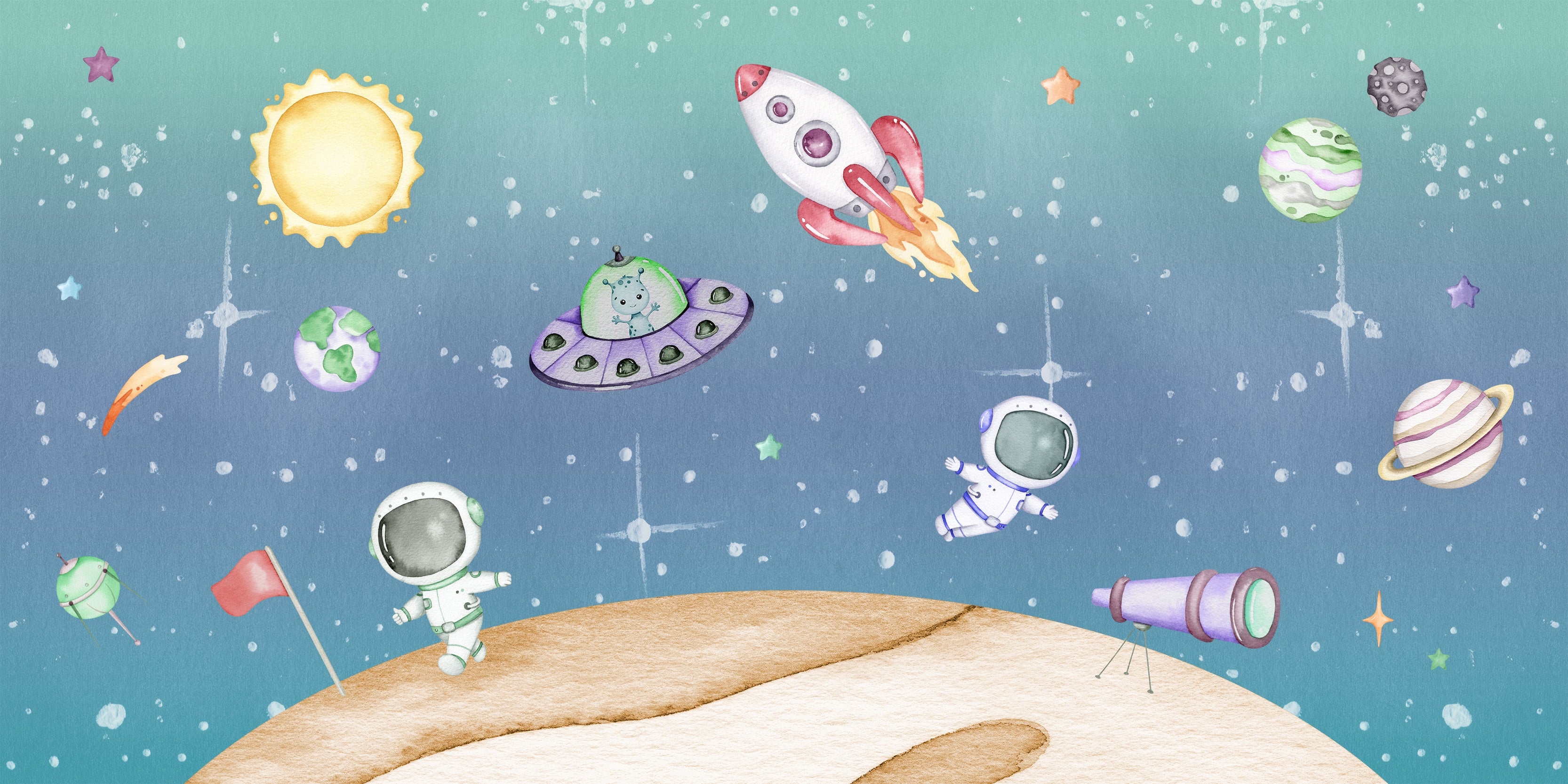 Light Year Watercolour Children's Astronauts in Space Wallpaper Mural