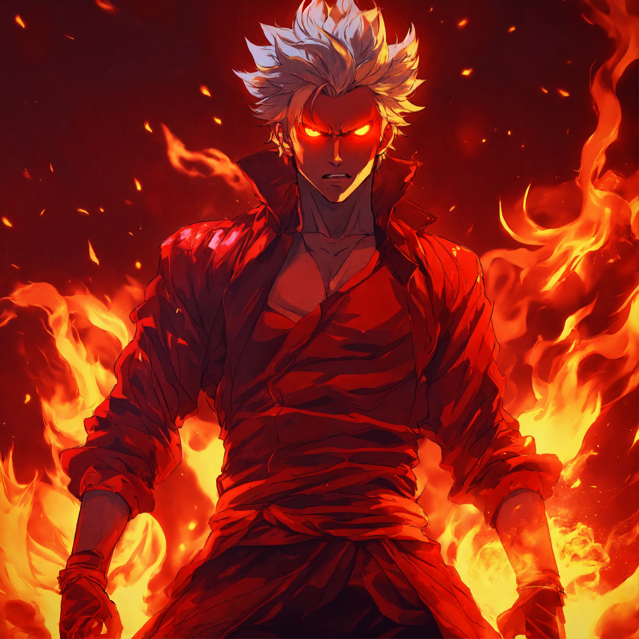 Generate a anime villain, red background, without face, suspense light, highly detailed, 4k, badass pose, glowing eyes, flames in background