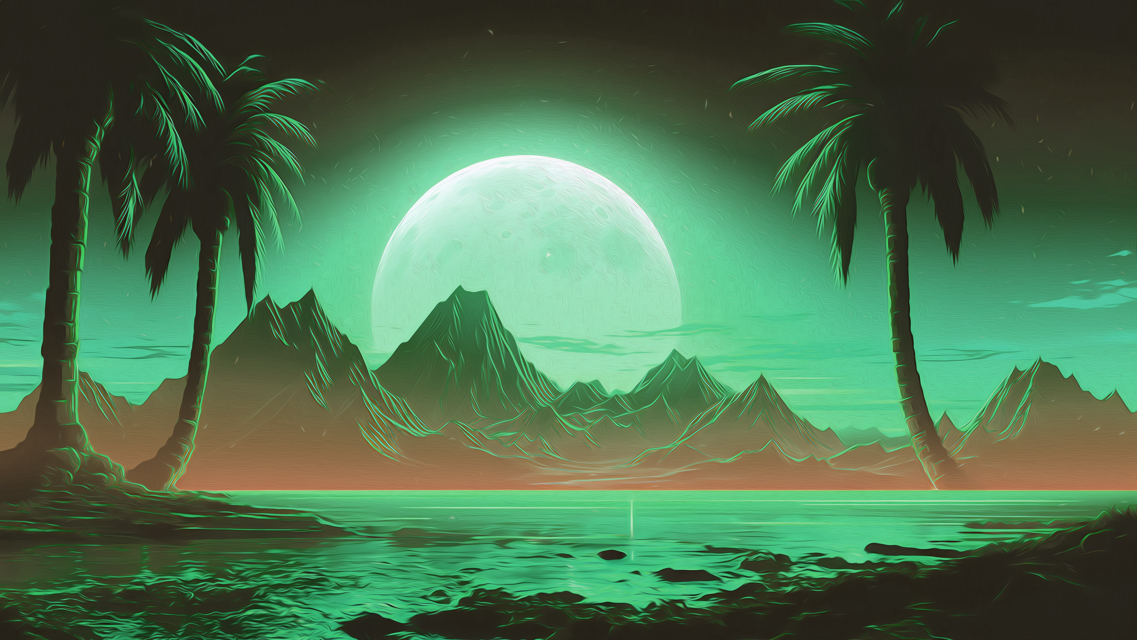 GREEN VAPOREWAVE OASIS NIGHT WALLPAPER 4K