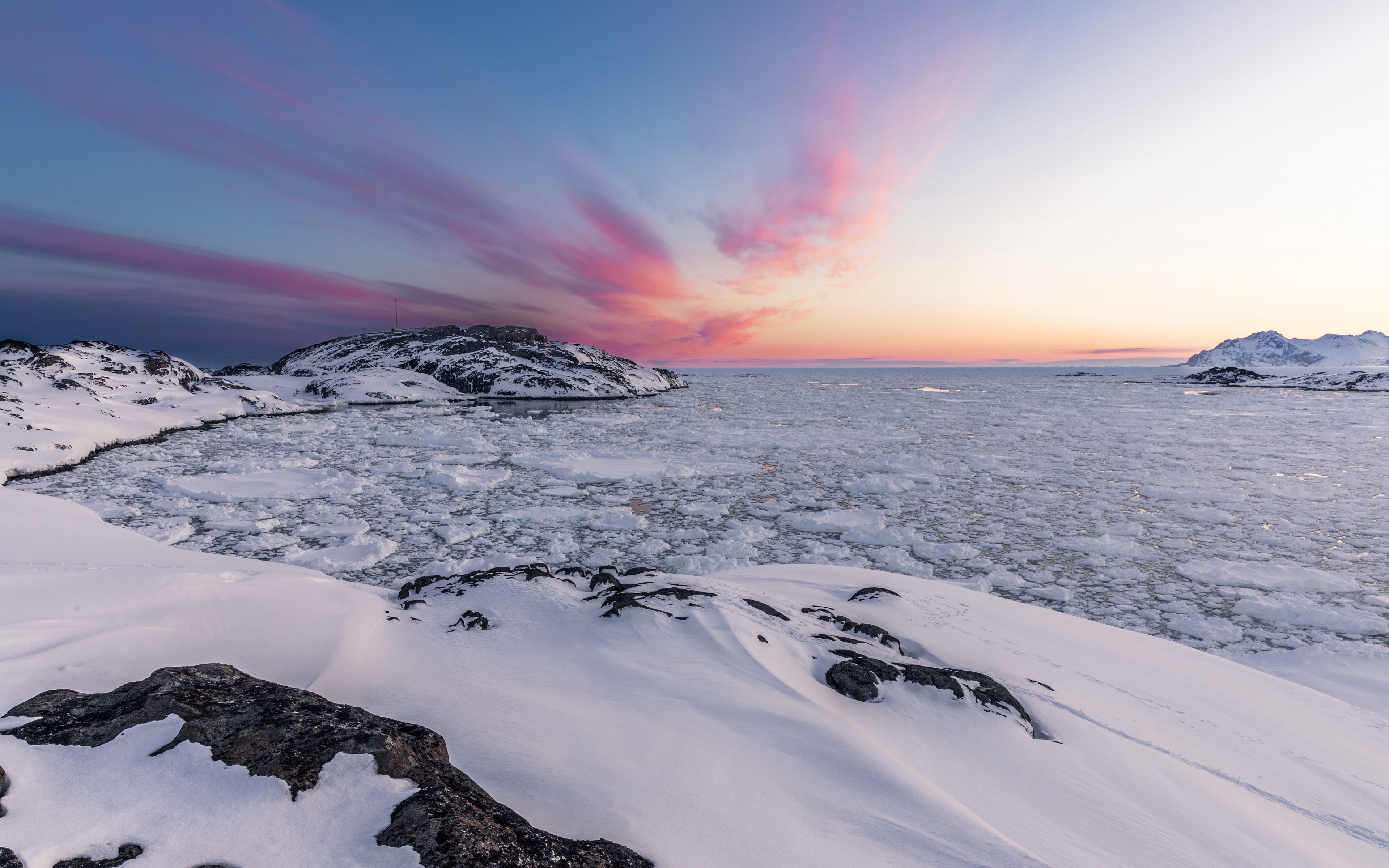 Download wallpaper 3840x2400 landscape, ice, snow, frozen, coast, rocks, ocean, north 4k ultra HD 16:10 HD background