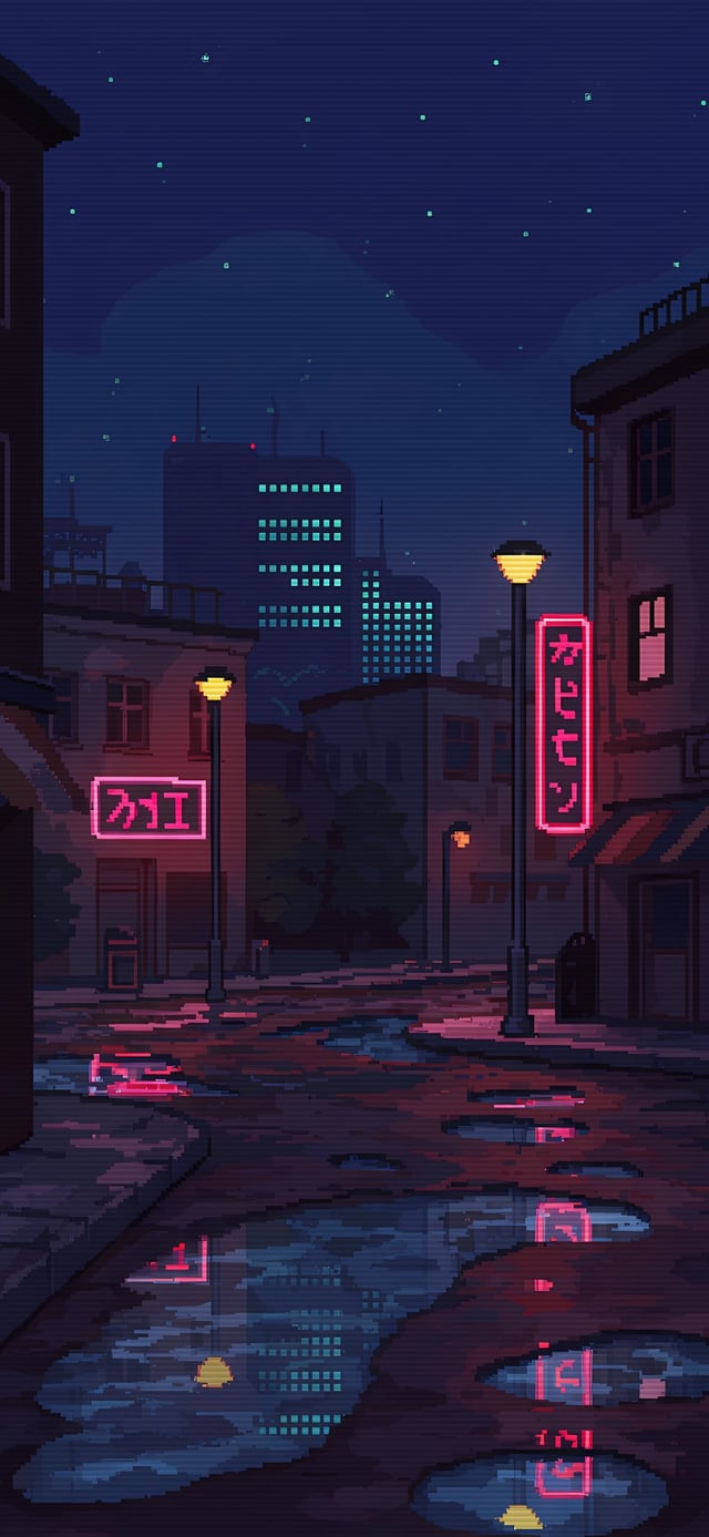 Late Night Pixel Art City iPhone Wallpaper 4K