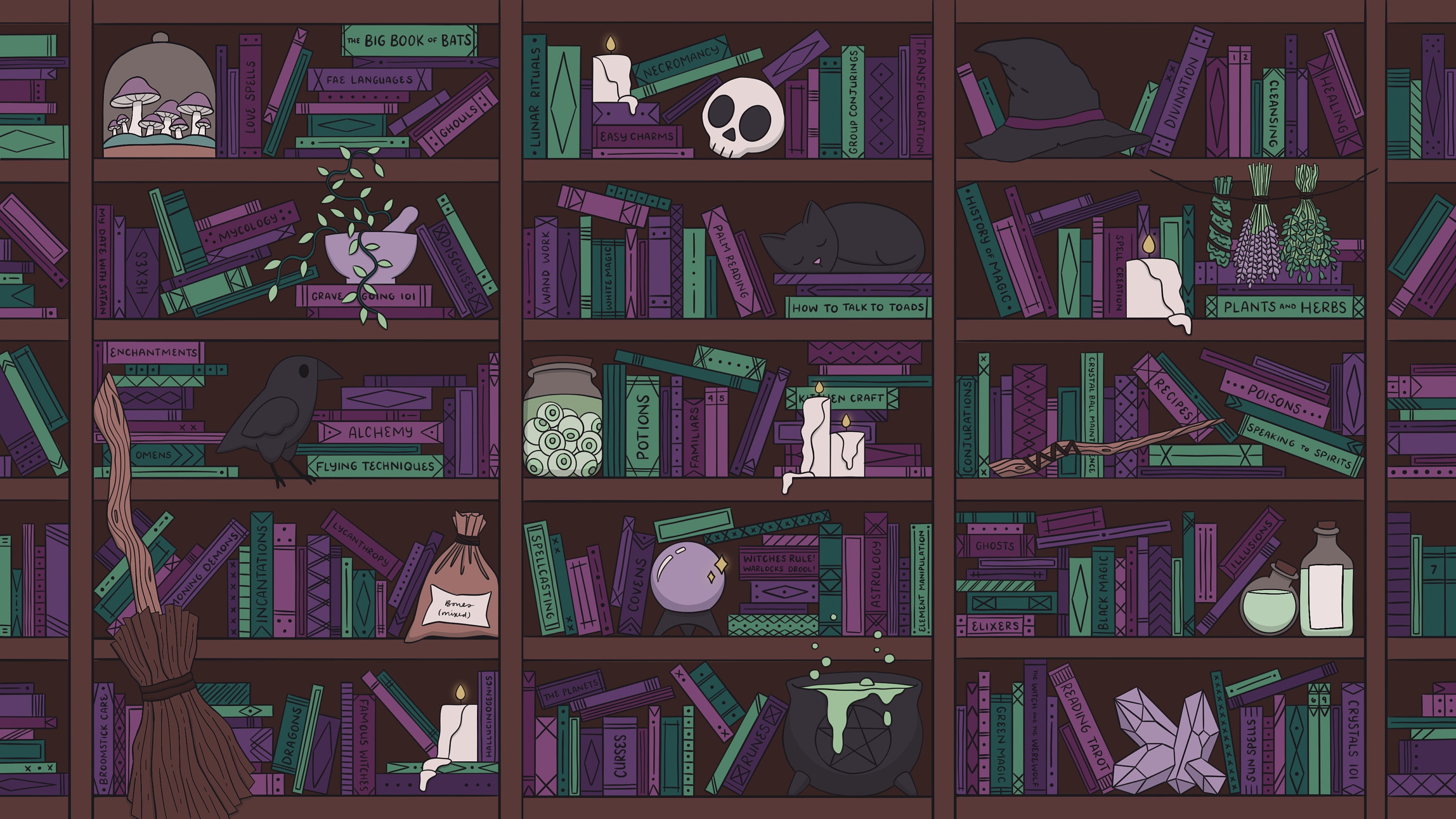 Witch’s Bookshelf Desktop Wallpaper HD. Cute Spooky Illustrated Computer Background