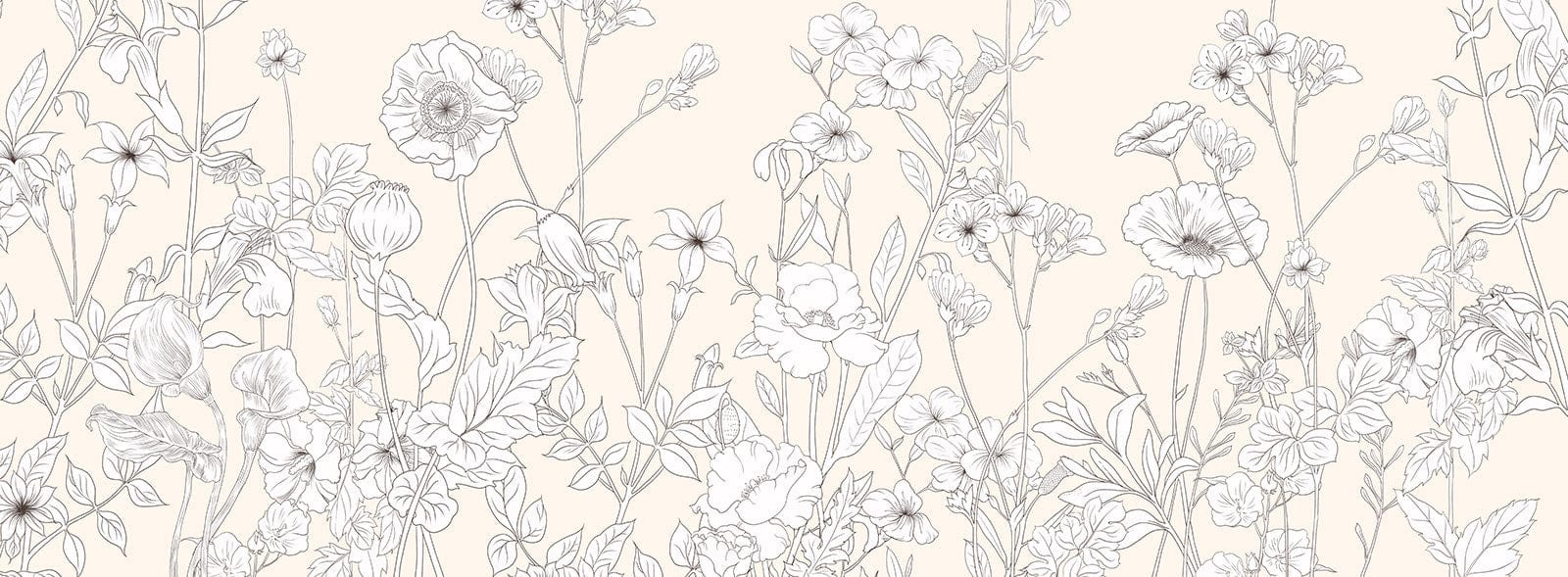 Elegant Cream Floral Botanical Sketch Wallpaper for Modern Home Décor