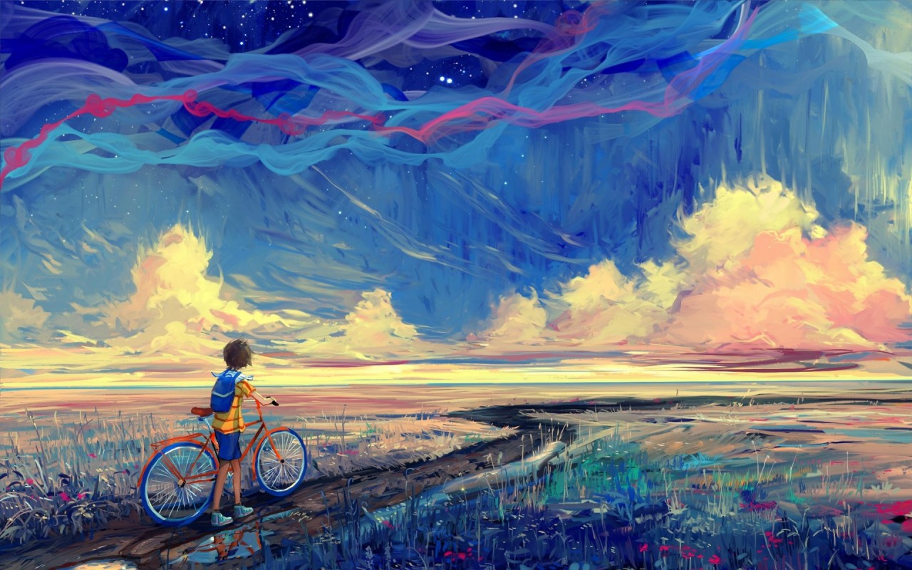 Peaks Country Boy Path Bicycle Wallpaper Impressionism Wallpaper & Background Download