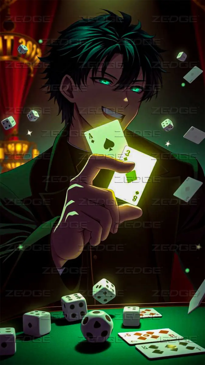 Isekai Anime Trickster with Emerald Eyes and Card in Void Casino wallpaper