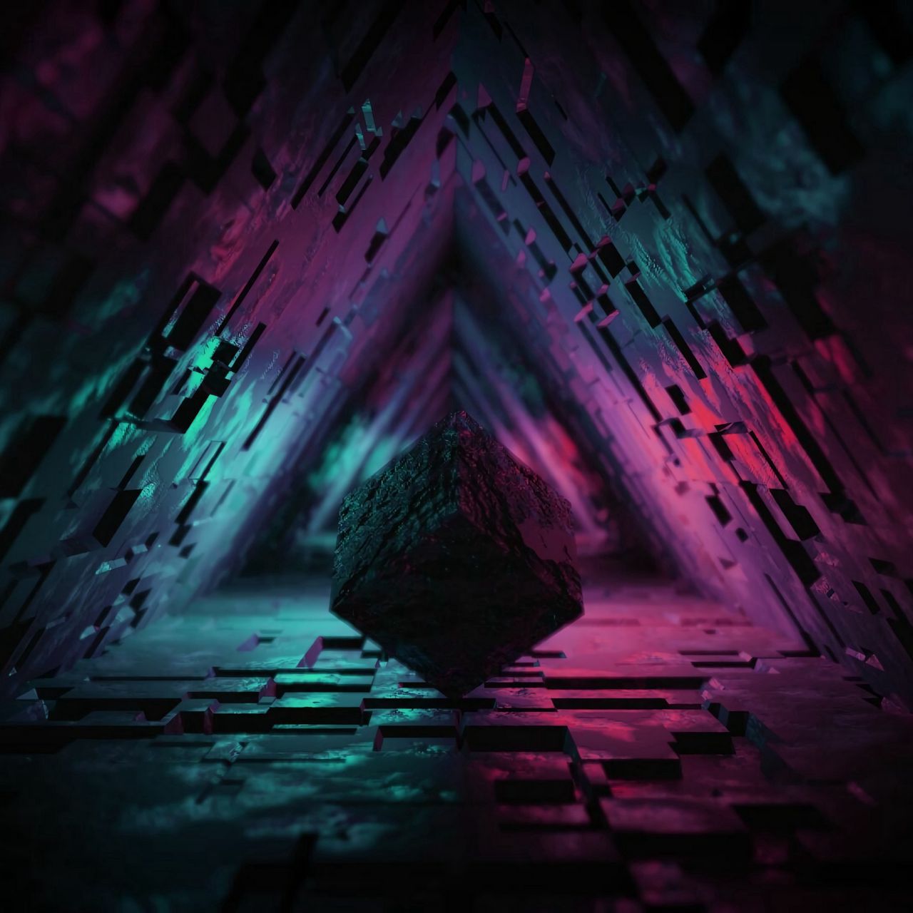 Download wallpaper 1280x1280 cube, figure, dark, tunnel, backlight, 3D ipad, ipad 2, ipad mini for parallax HD background