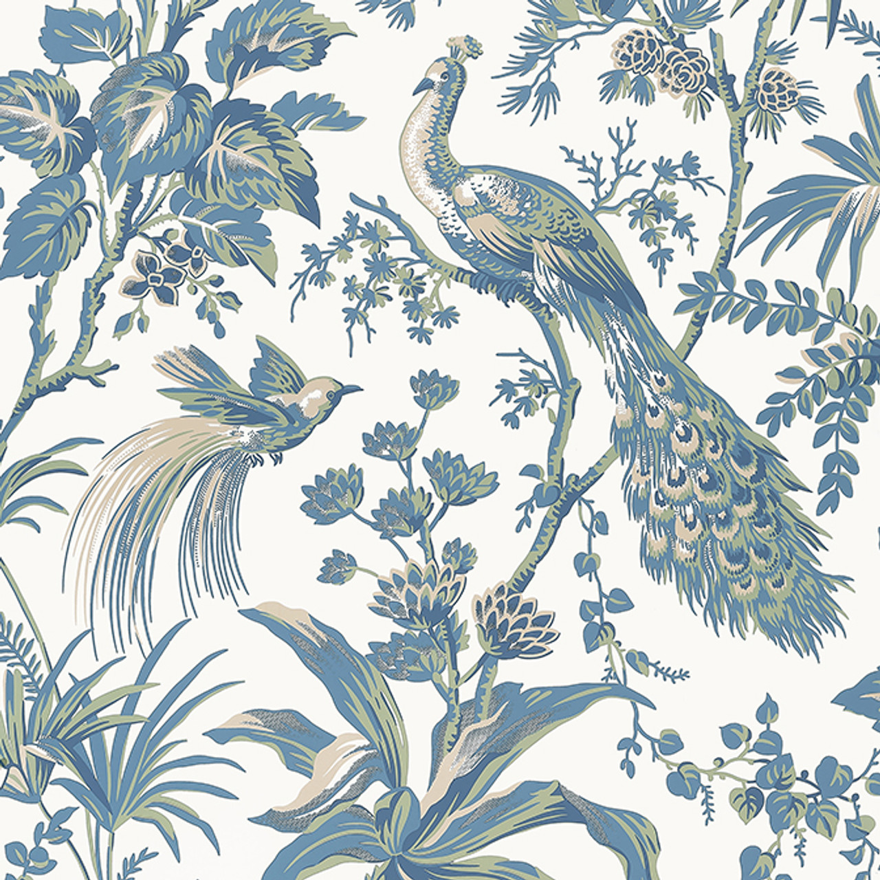 Peacock Toile Blue and Green AT57830 by Anna French Wallpaper