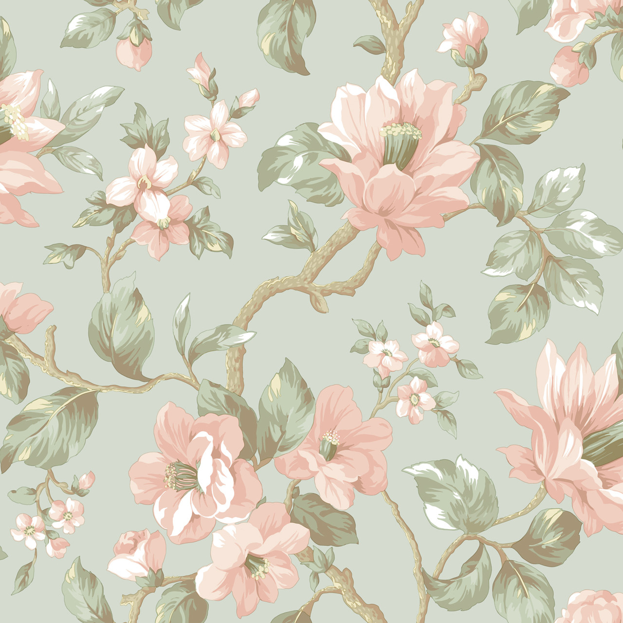 Berkin Large Floral Vine Pistachio Coral Wallpaper AL13724