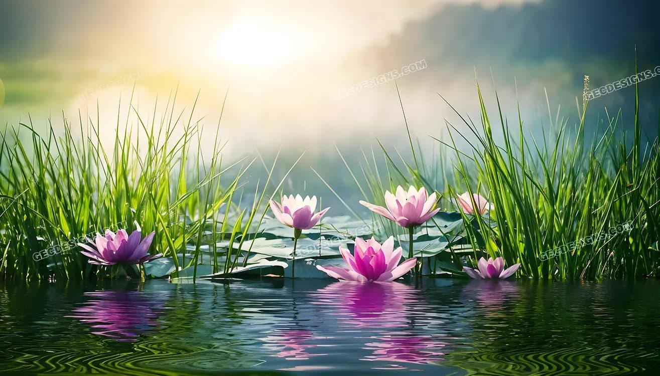 Pond with beautiful lotus flowers and green grass wallpaper