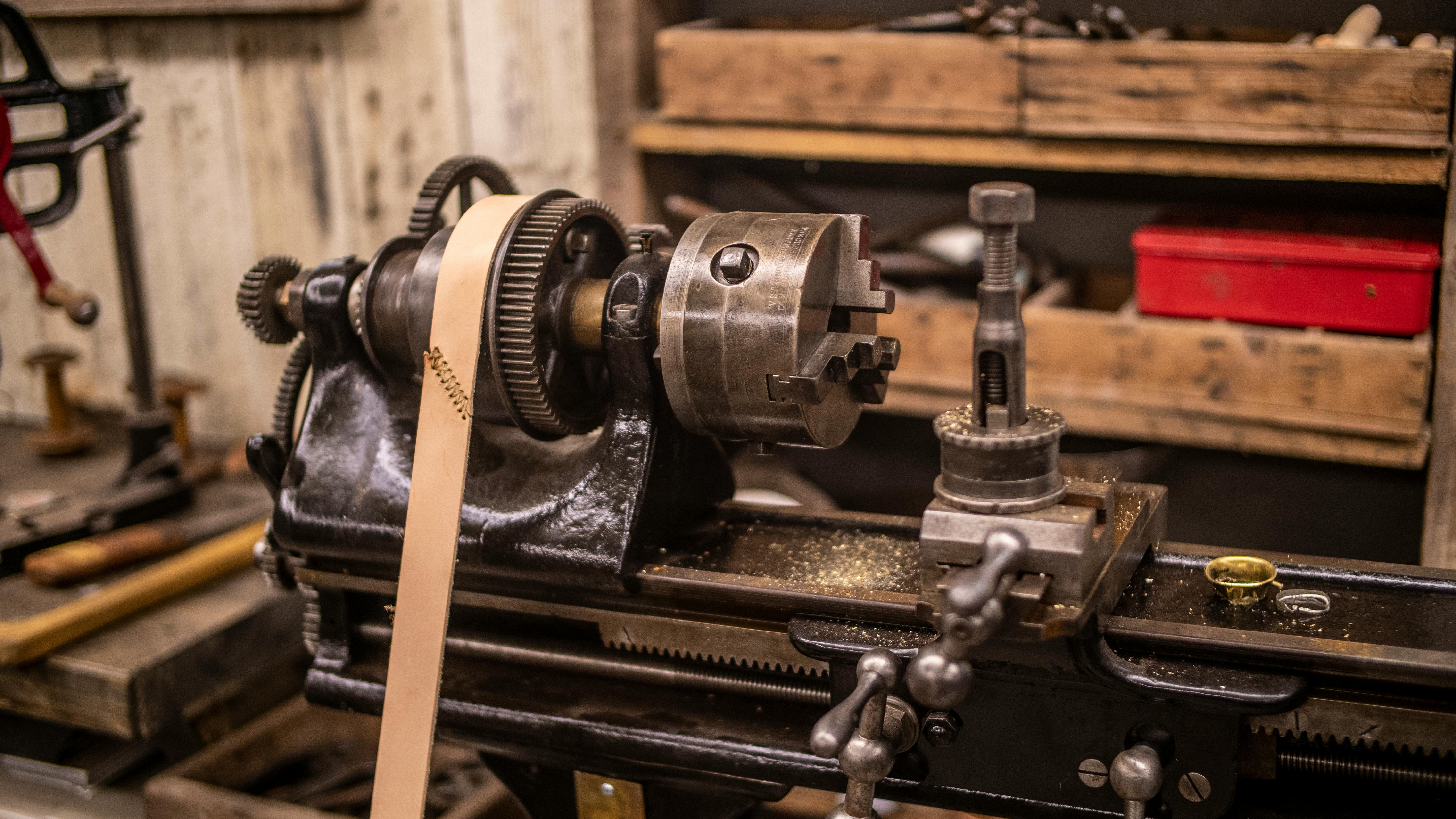 A Belt Driven Lathe In A Workshop · Free