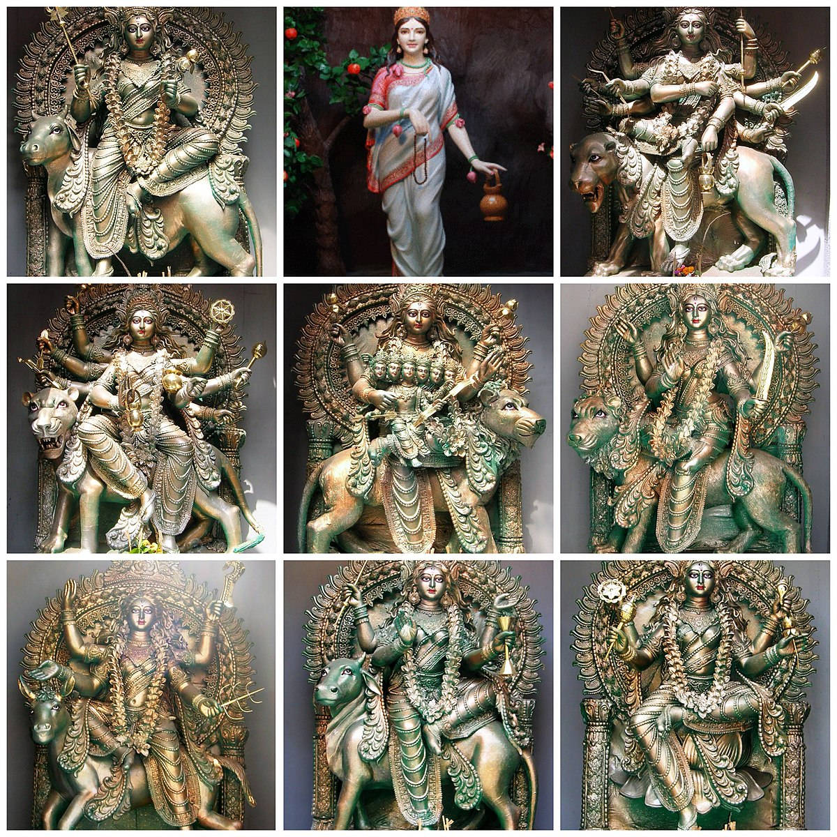 Download Caption: Divine Ensemble of Nav Durga Statues Wallpaper