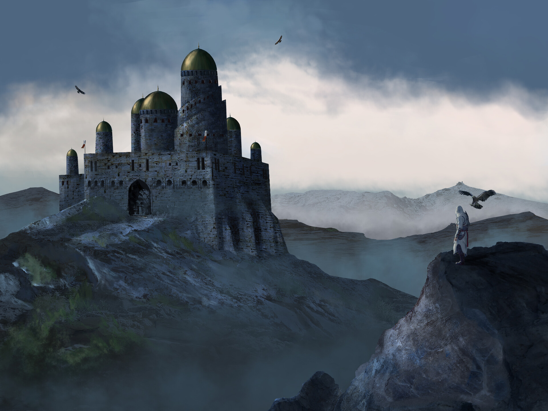 Alamut castle concept art with altair