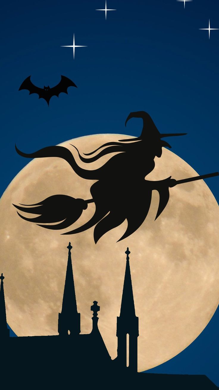 Halloween Witch Flying Broom Over Moon iPhone 8 Wallpaper