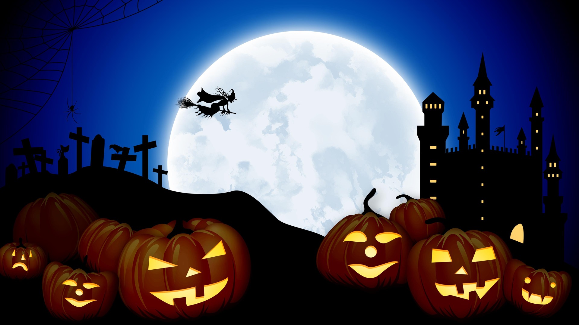Halloween Night: Witches, Pumpkins & Haunted Castle Under the Full Moon HD Wallpaper