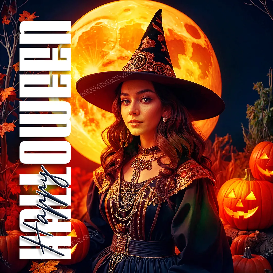Happy Halloween, a witch with Evil Pumpkins in a Red Moon background