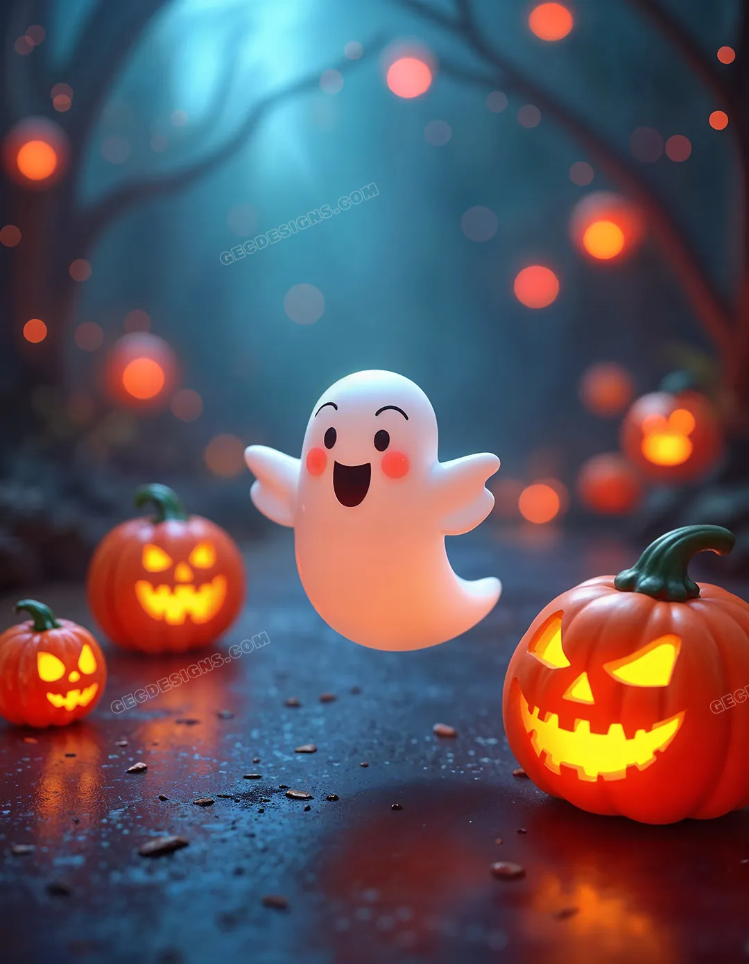Halloween wallpaper with a fluttering cute ghost in an evil pumpkin path