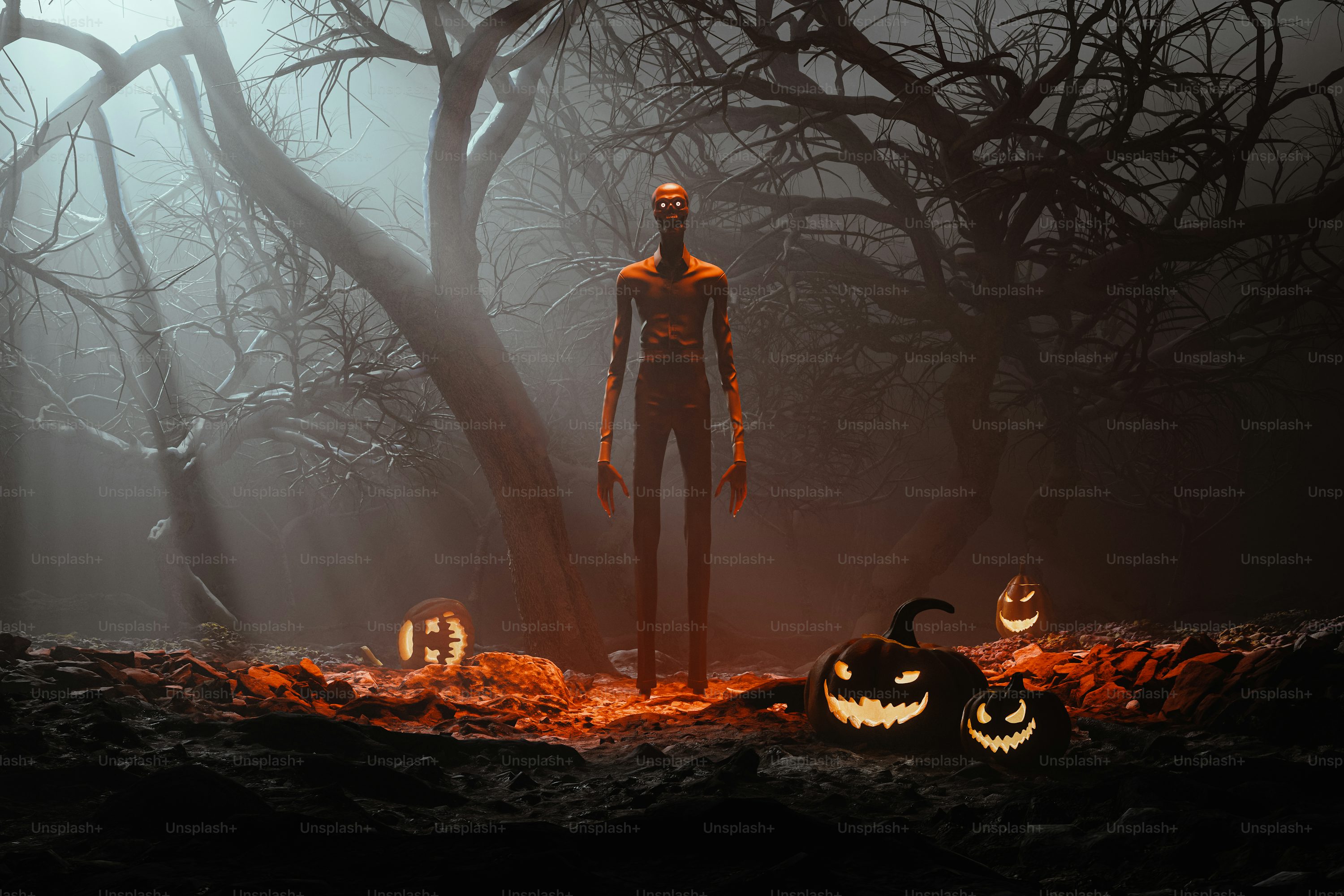 A creepy scarecrow standing in a forest with pumpkins photo
