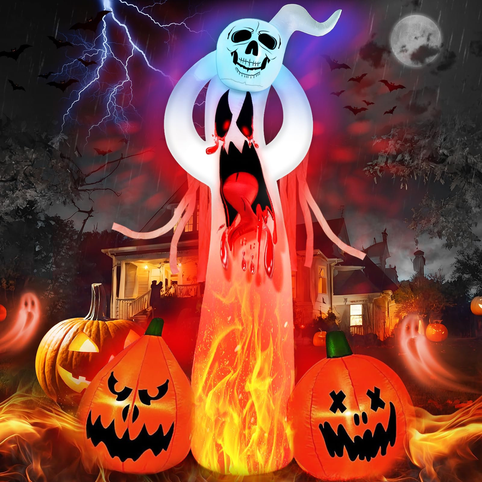 Halloween Inflatable Ghost Outdoor Decorations: 8 FT Scary Ghost With Pumpkin And 3D Tongue Decor With Build In LEDs For Party Blow Up Includes Stakes For Yard Lawn