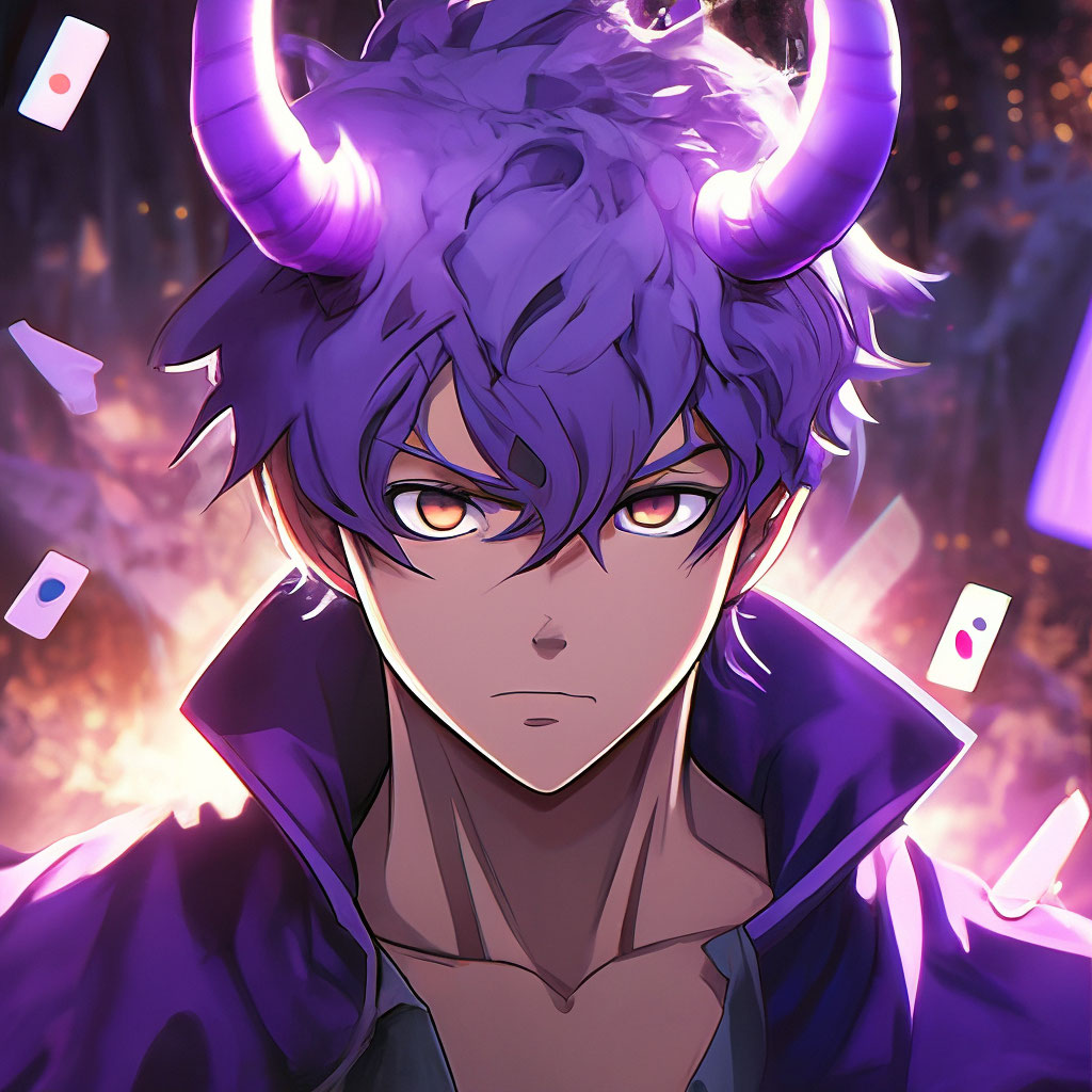 A Peak Of 13 Cards Guy With Purple Hair, Angry, Purple Shirt, Horn Shaped