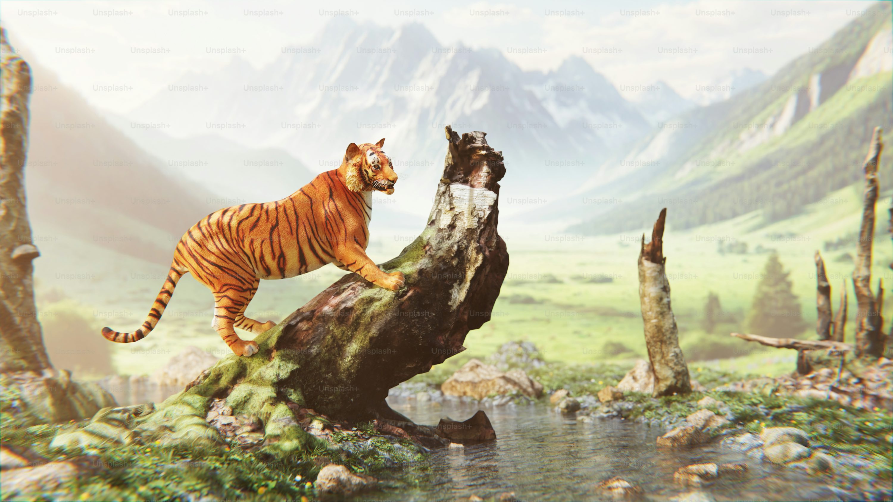 A painting of a tiger and a dog on a log photo