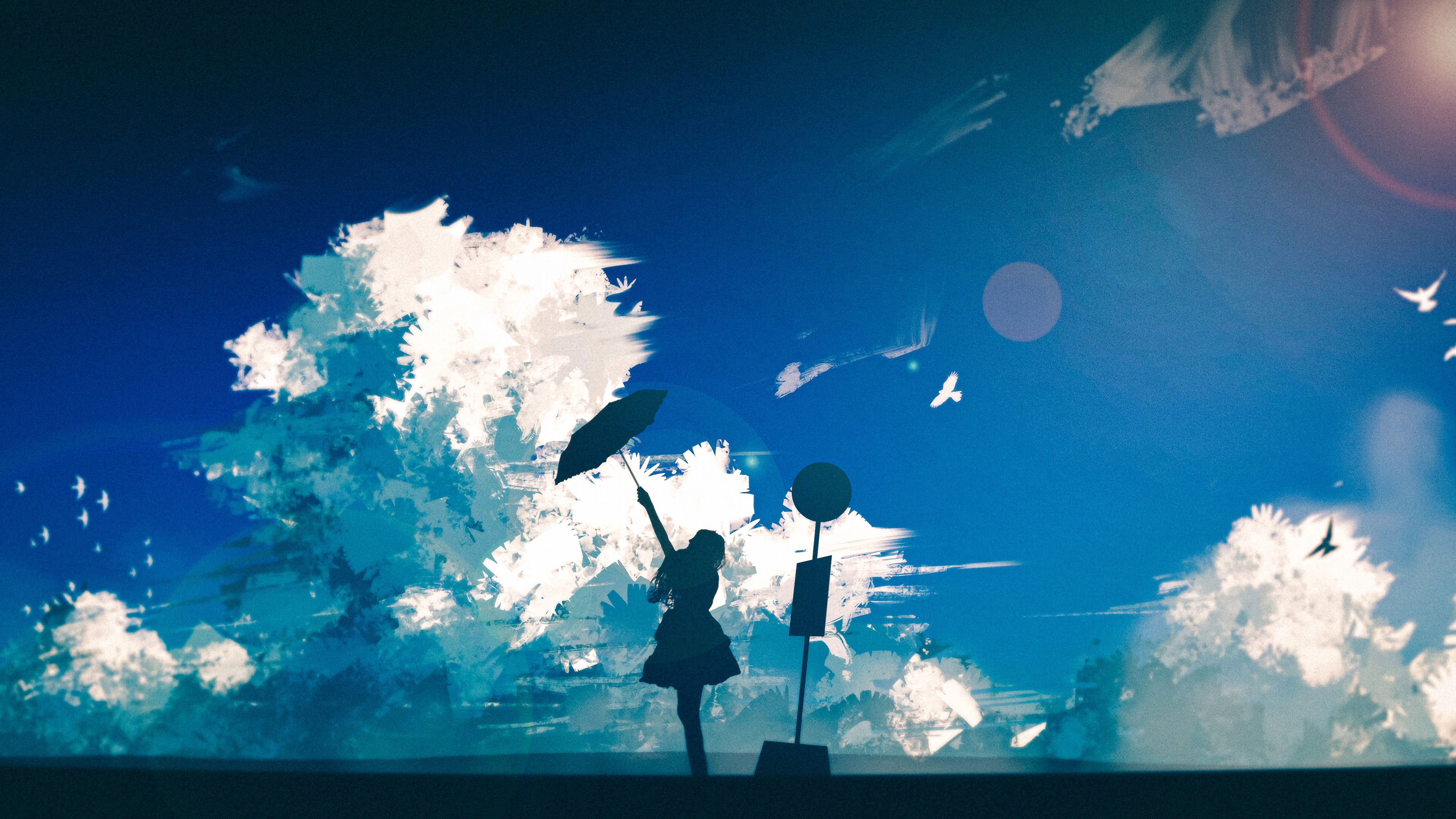 Download wallpaper 3840x2160 silhouette, girl, umbrella, clouds, art HD background