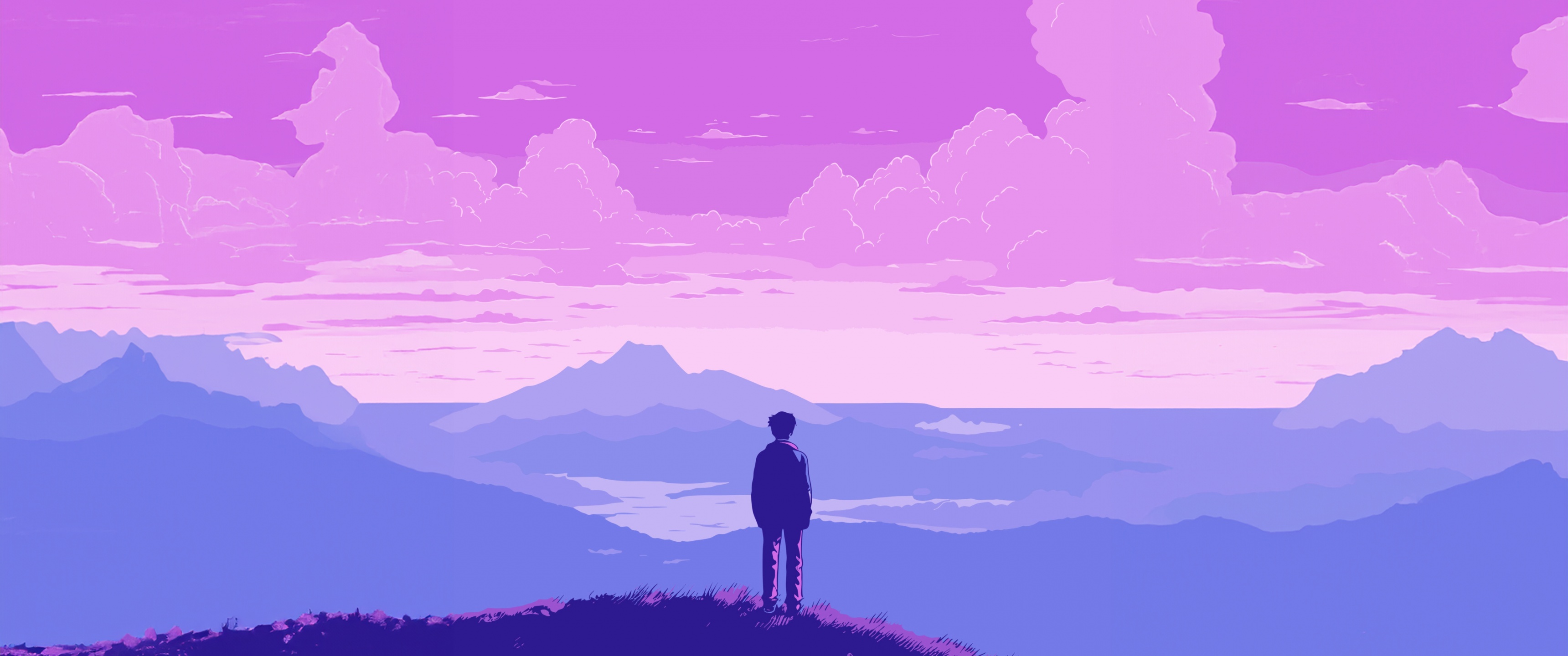 Lofi boy Wallpaper 4K, Landscape, Pixel art, Purple sky
