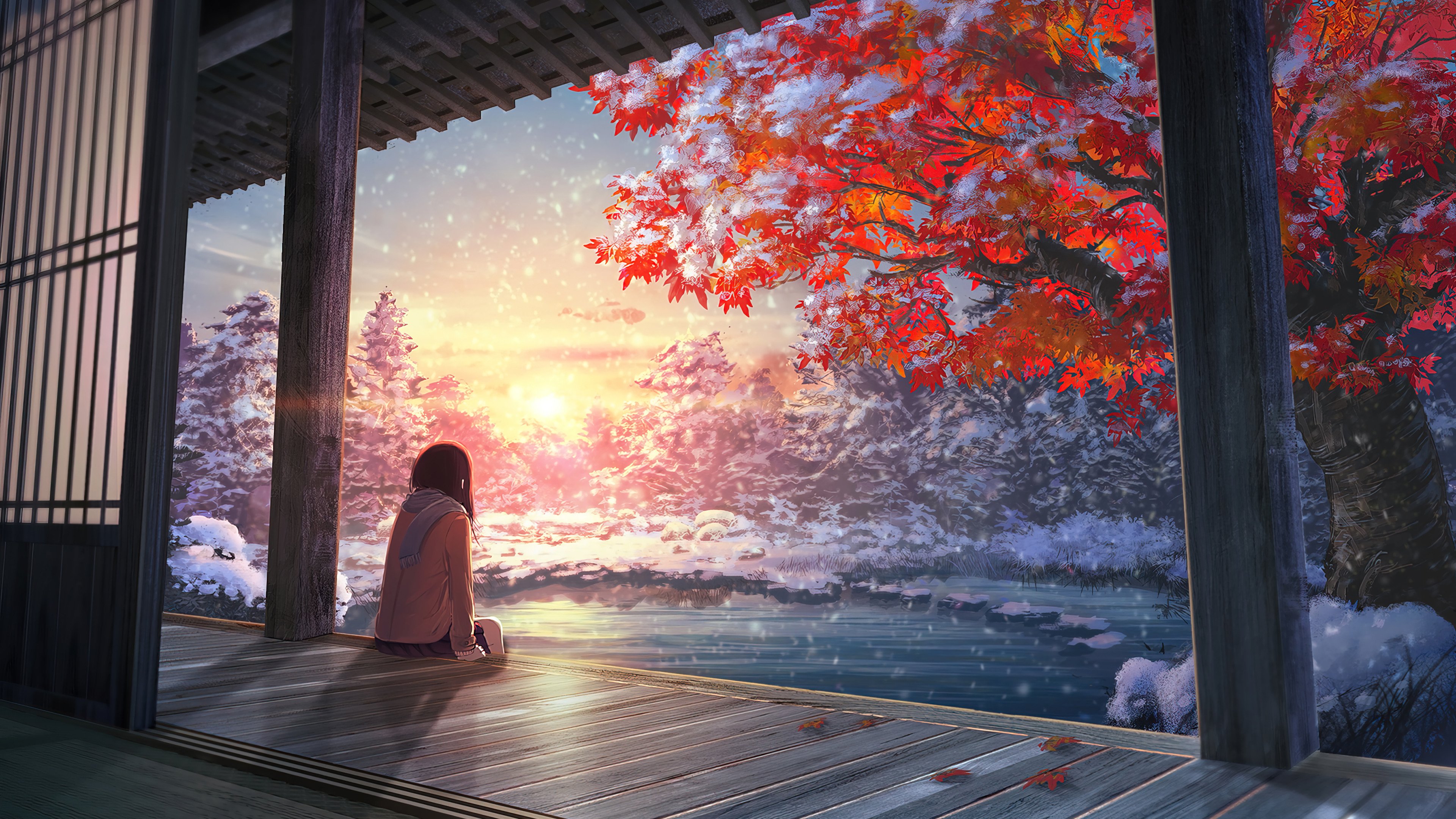 Anime girl autumn winter Wallpaper 4k for Desktop
