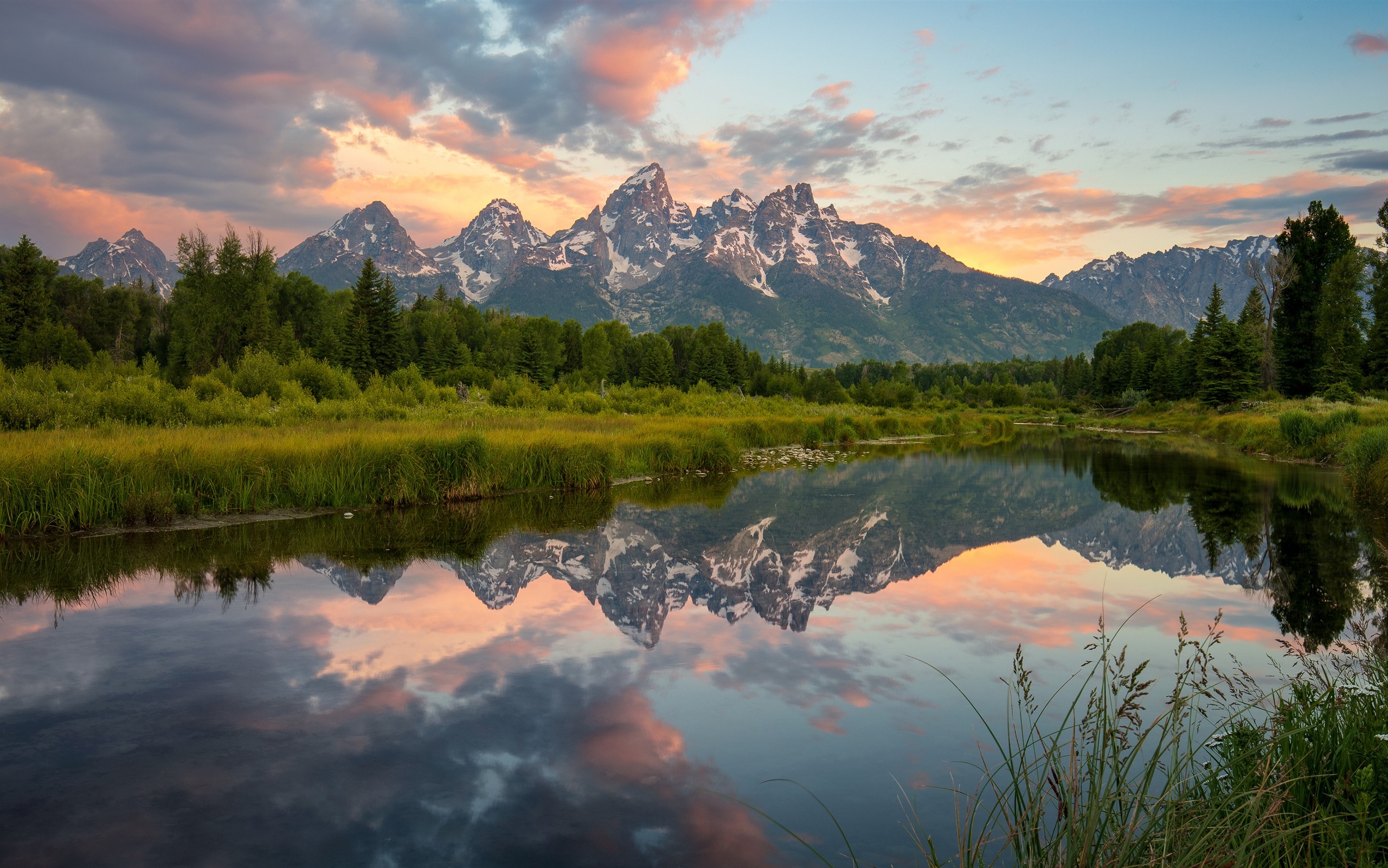 Wallpaper Summer, mountains, lake, water reflection, grass, forest, sunset 3840x2160 UHD 4K Picture, Image