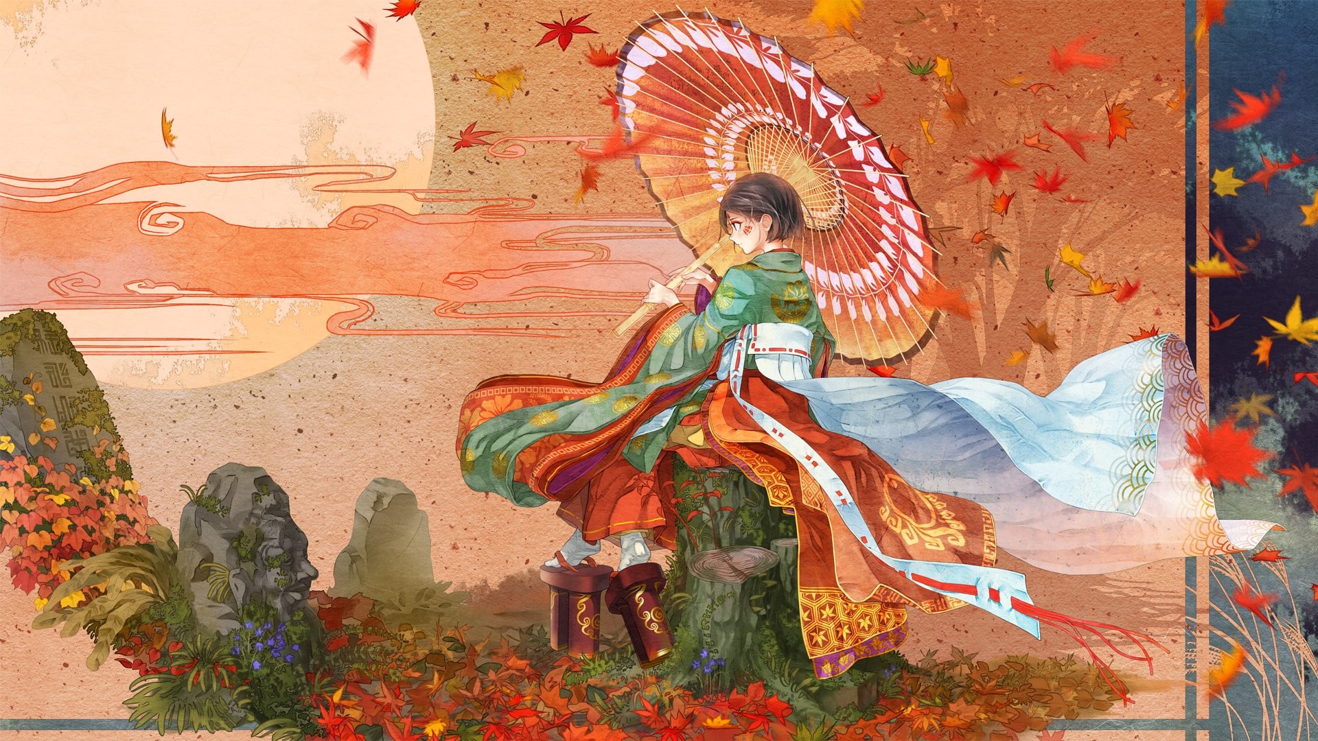 Kimono anime girl leaves red autumn umbrella beaut short hair wallpaper 863804 WallpaperUP