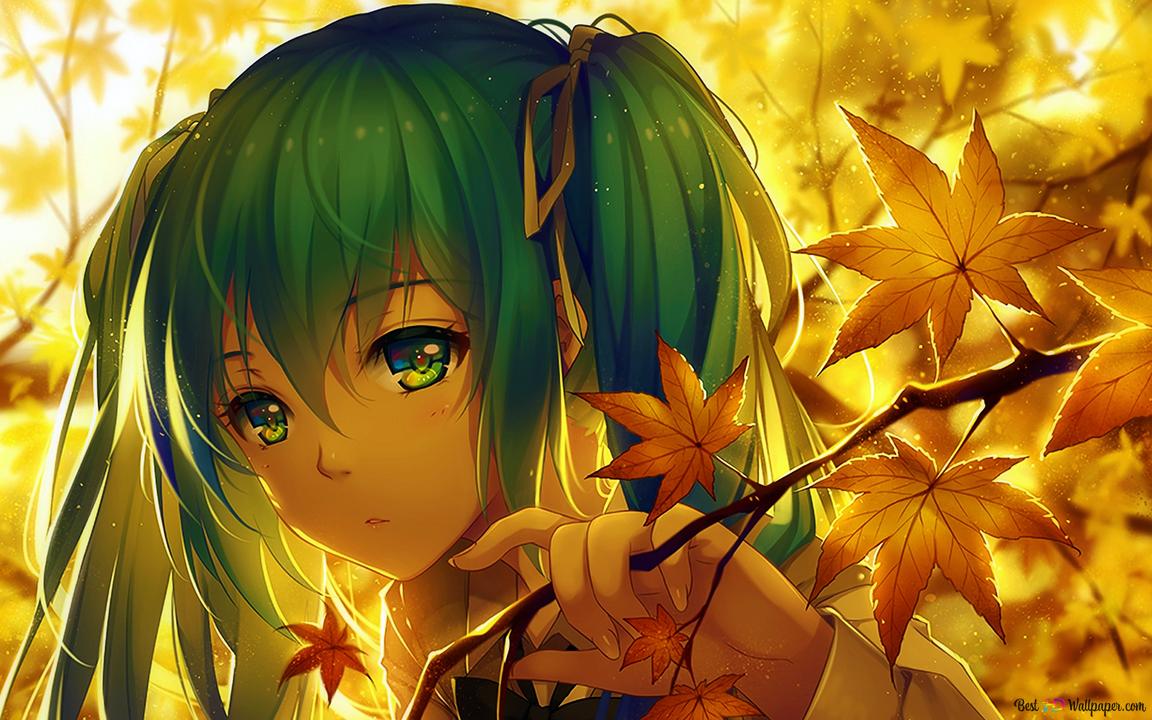 Green Haired Anime Girl Hatsune Miku In Front Of Autumn Leaves 4K Wallpaper Download