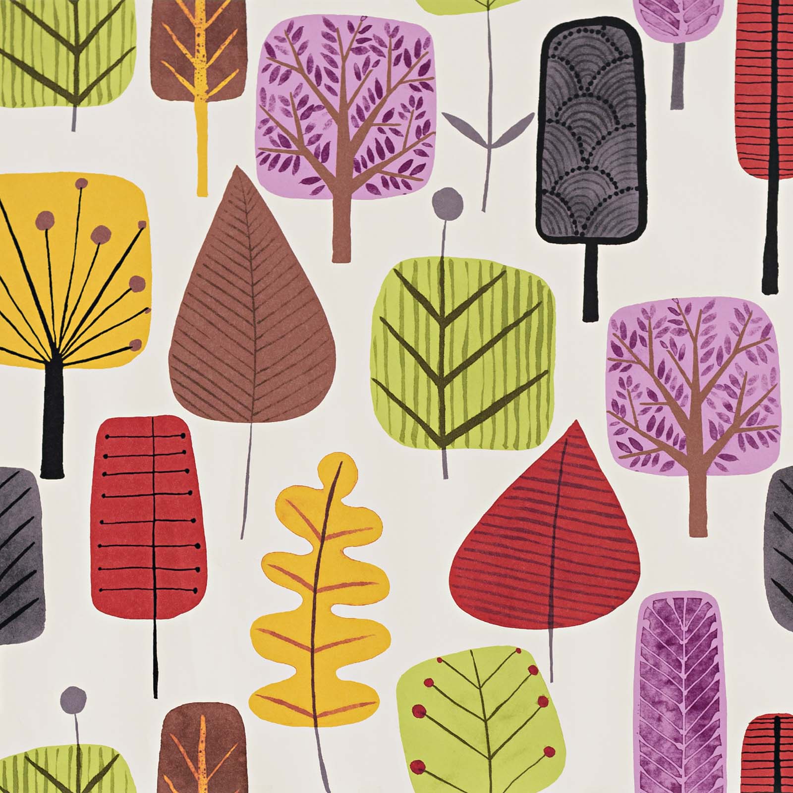 Retro Scandinavian wood Wallpaper tree leaf purple orange