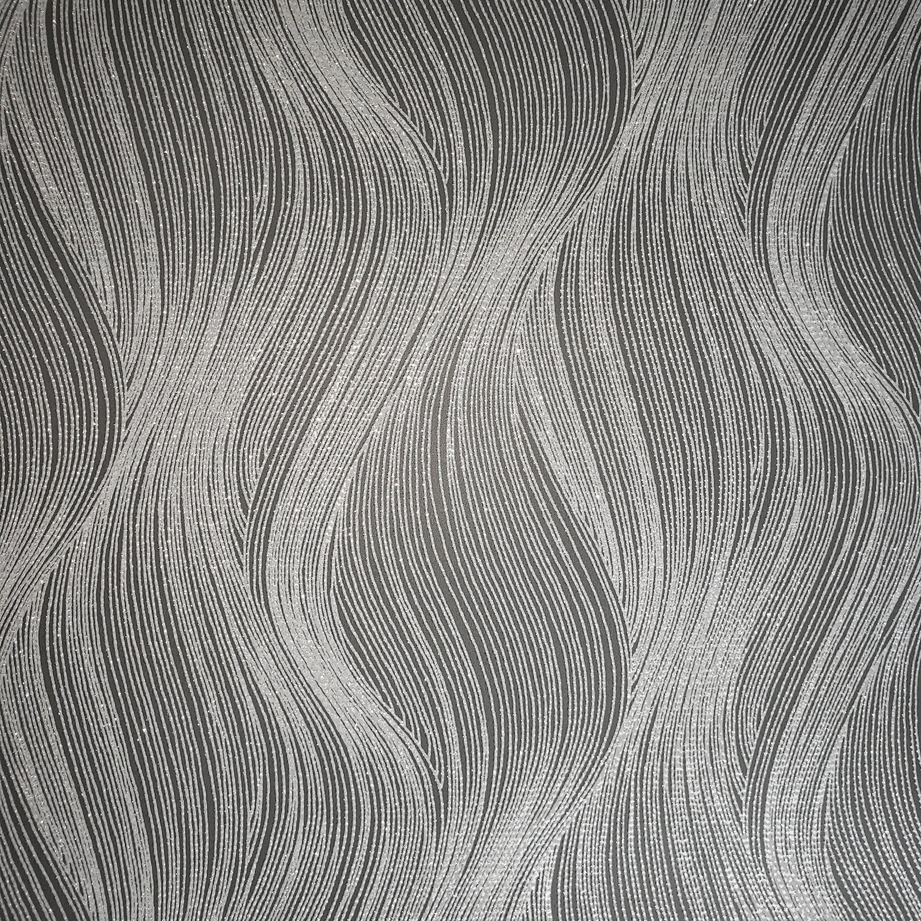 WM0115310701 textured wavy lines wallpaper Black Gray Silver waves 3D