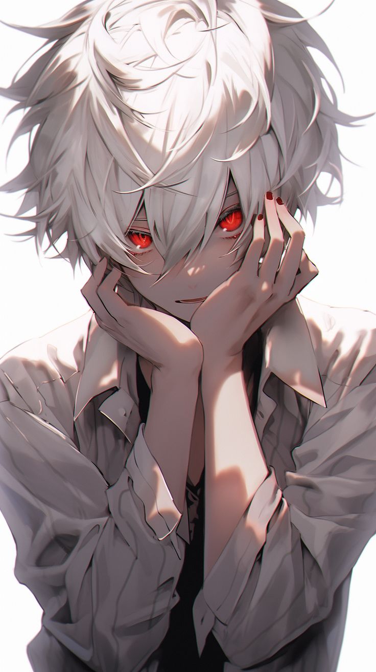 Crazy anime character. cool anime boy with white hair and red eyes