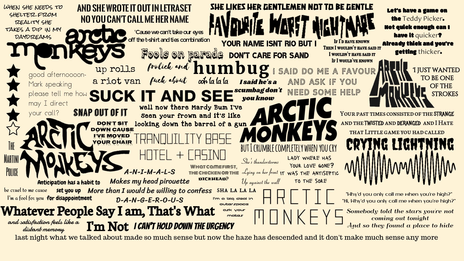 Just created a desktop wallpaper with some of my favorite lyrics. I hope you guys will enjoy it! (Side note: What are your favorite lyrics by AM?)