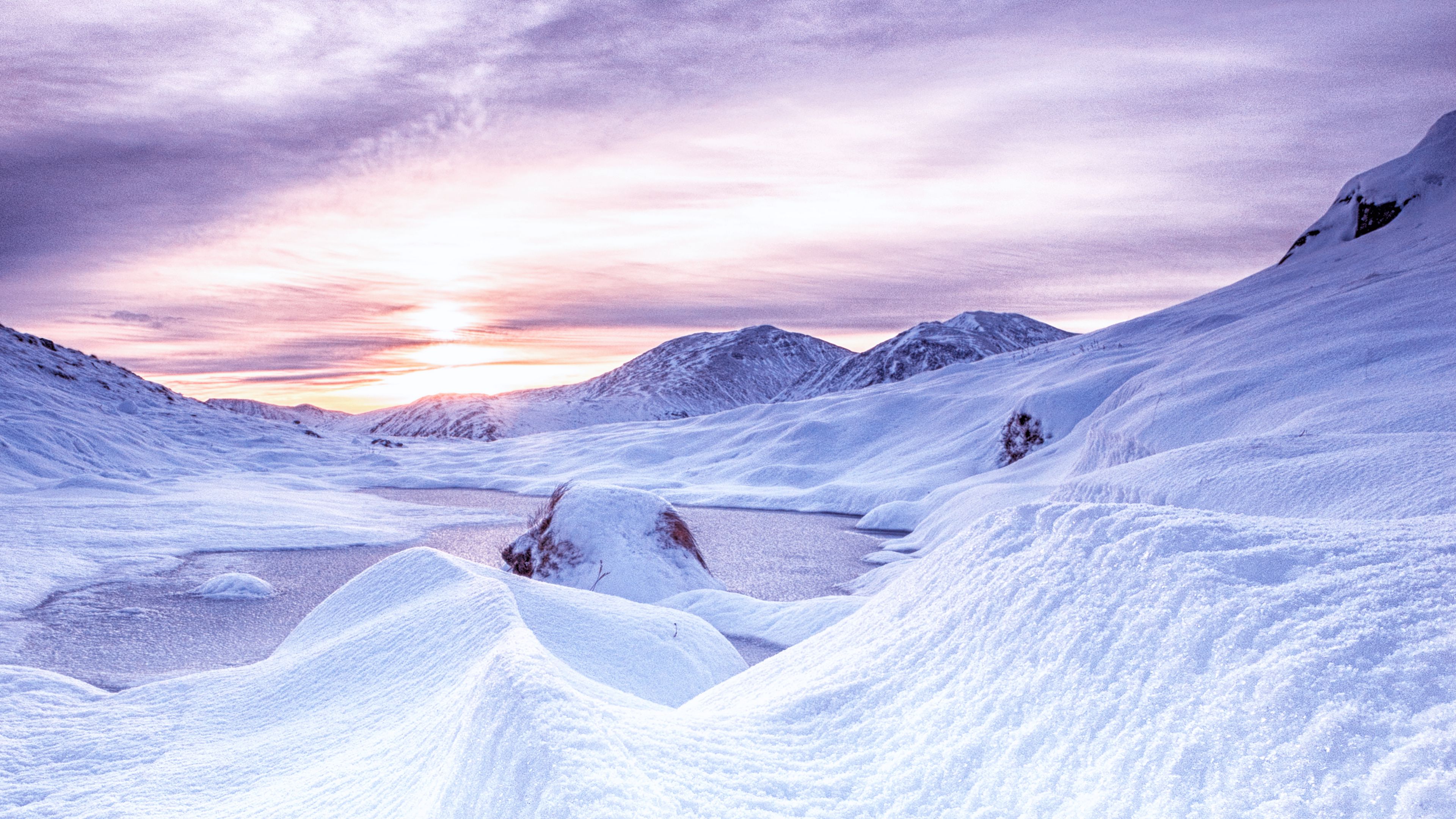 Download wallpaper 3840x2160 snow, mountains, dawn, scotland 4k uhd 16:9 HD background