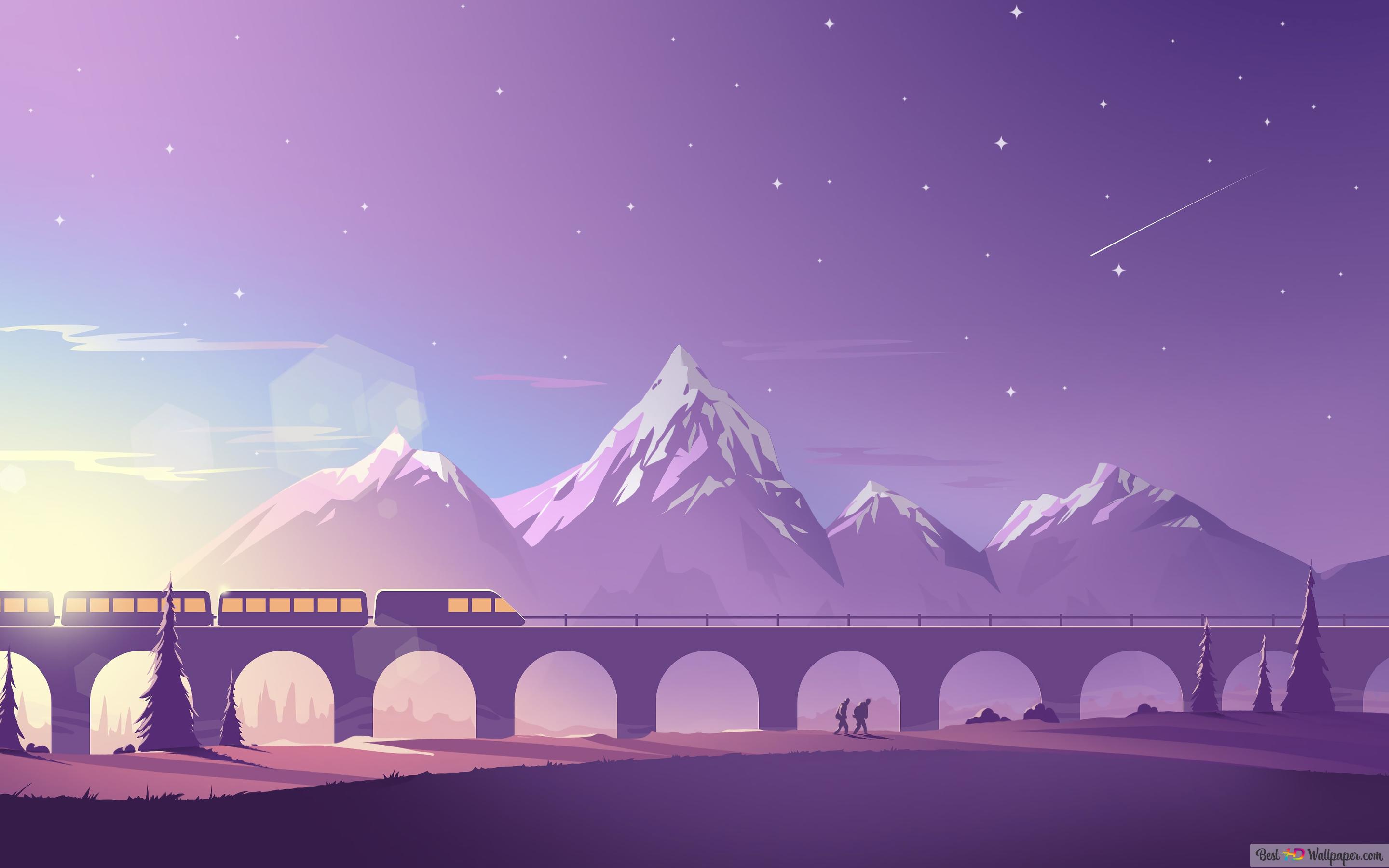 Train Mountain Landscape Minimalist 4K wallpaper download