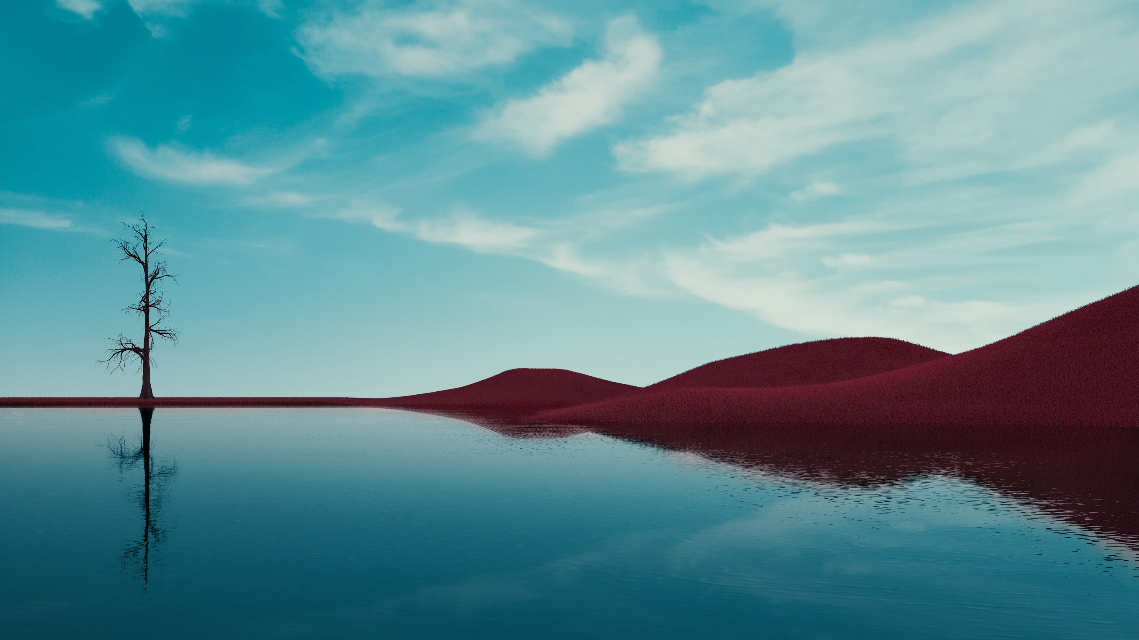 Lone tree Wallpaper 4K, Lake, Dry fields, Clear sky