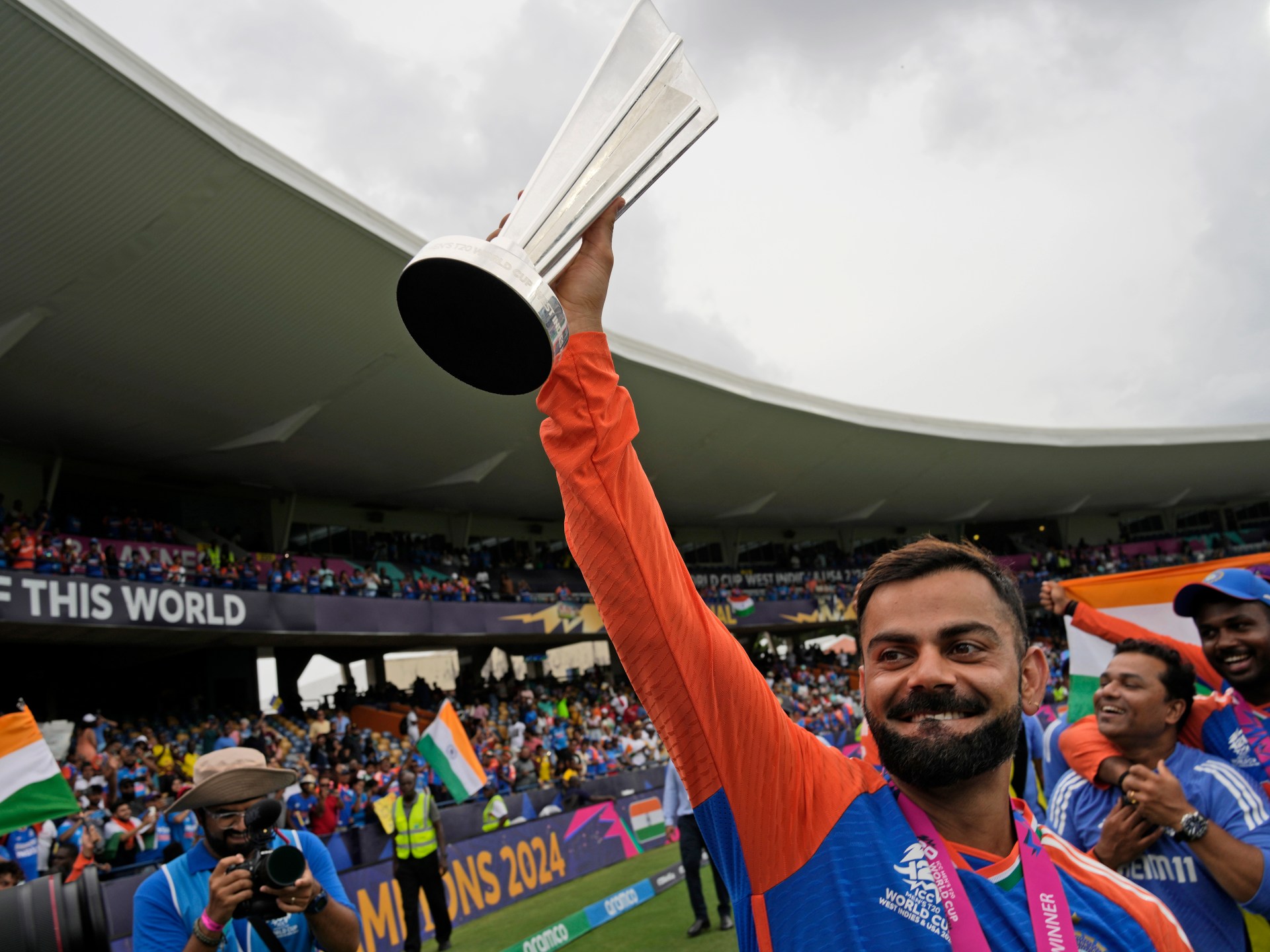 India celebrates ICC T20 World Cup 2024 triumph with trophy and fireworks. ICC Men's T20 World Cup