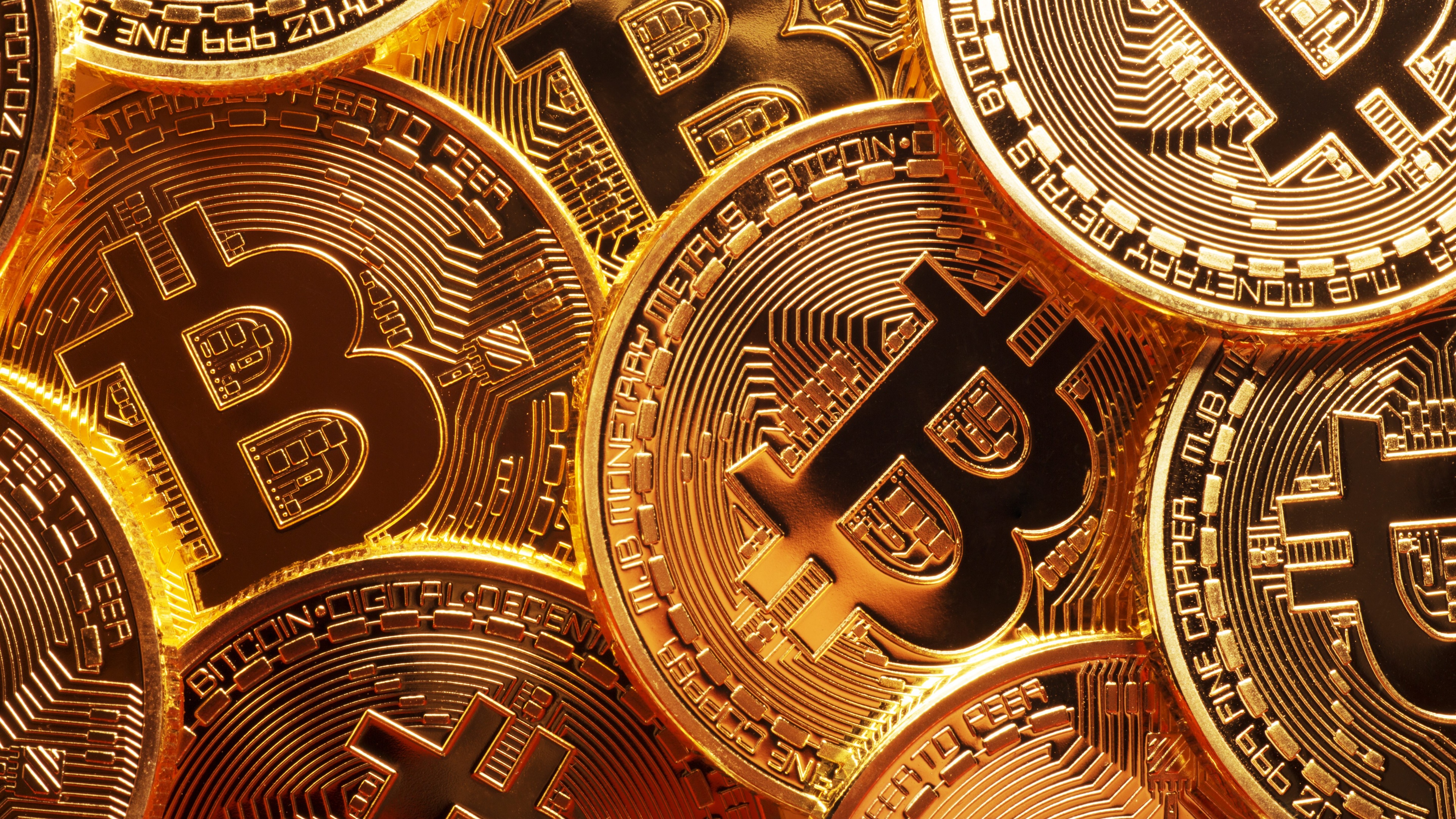 Bitcoin Wallpaper 4K, Gold coins, Cryptocurrency, 5K