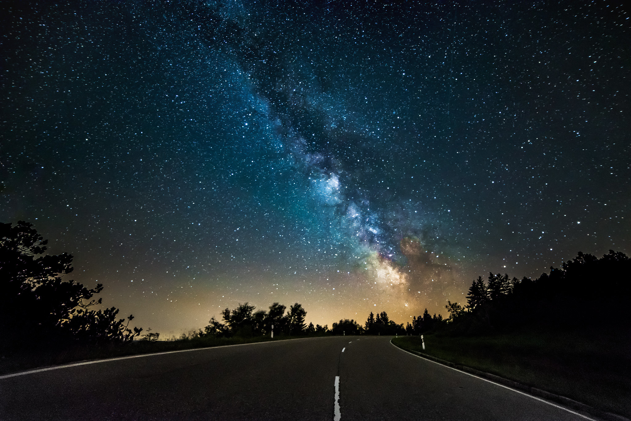 Wallpaper road, space, stars, light, trees, mystery, silhouette, The Milky Way for mobile and desktop, section пейзажи, resolution 2048x1367